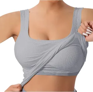 Summer Tank Tops for Women Built in Bra Trendy Sleeveless U Neck Padded Shirts Solid Sexy Knitted Vacation Camisole