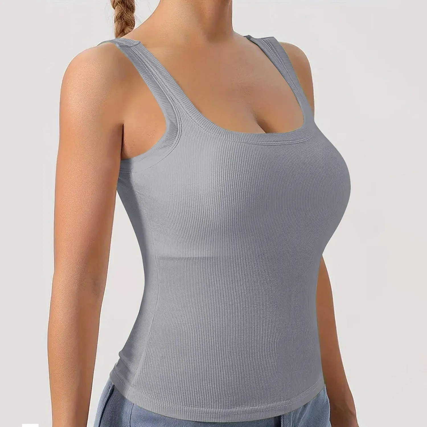 Summer Tank Tops for Women Built in Bra Trendy Sleeveless U Neck Padded Shirts Solid Sexy Knitted Vacation Camisole