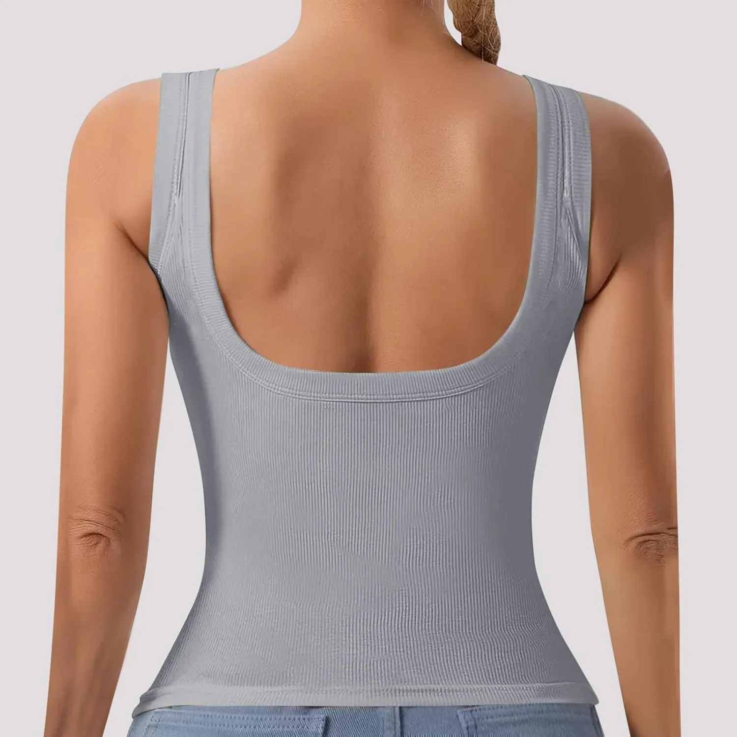 Summer Tank Tops for Women Built in Bra Trendy Sleeveless U Neck Padded Shirts Solid Sexy Knitted Vacation Camisole
