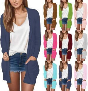 Summer Women's Long Sleeve Open Front Cardigan Casual Loose Lightweight Tops with Pockets