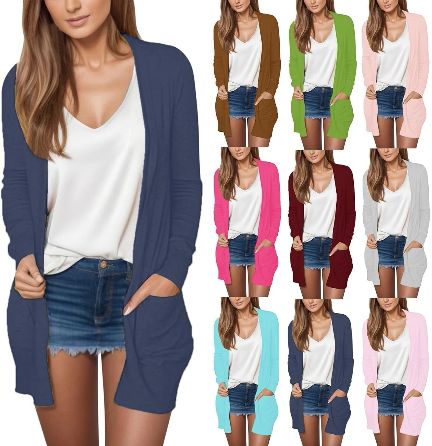 Summer Women's Long Sleeve Open Front Cardigan Casual Loose Lightweight Tops with Pockets