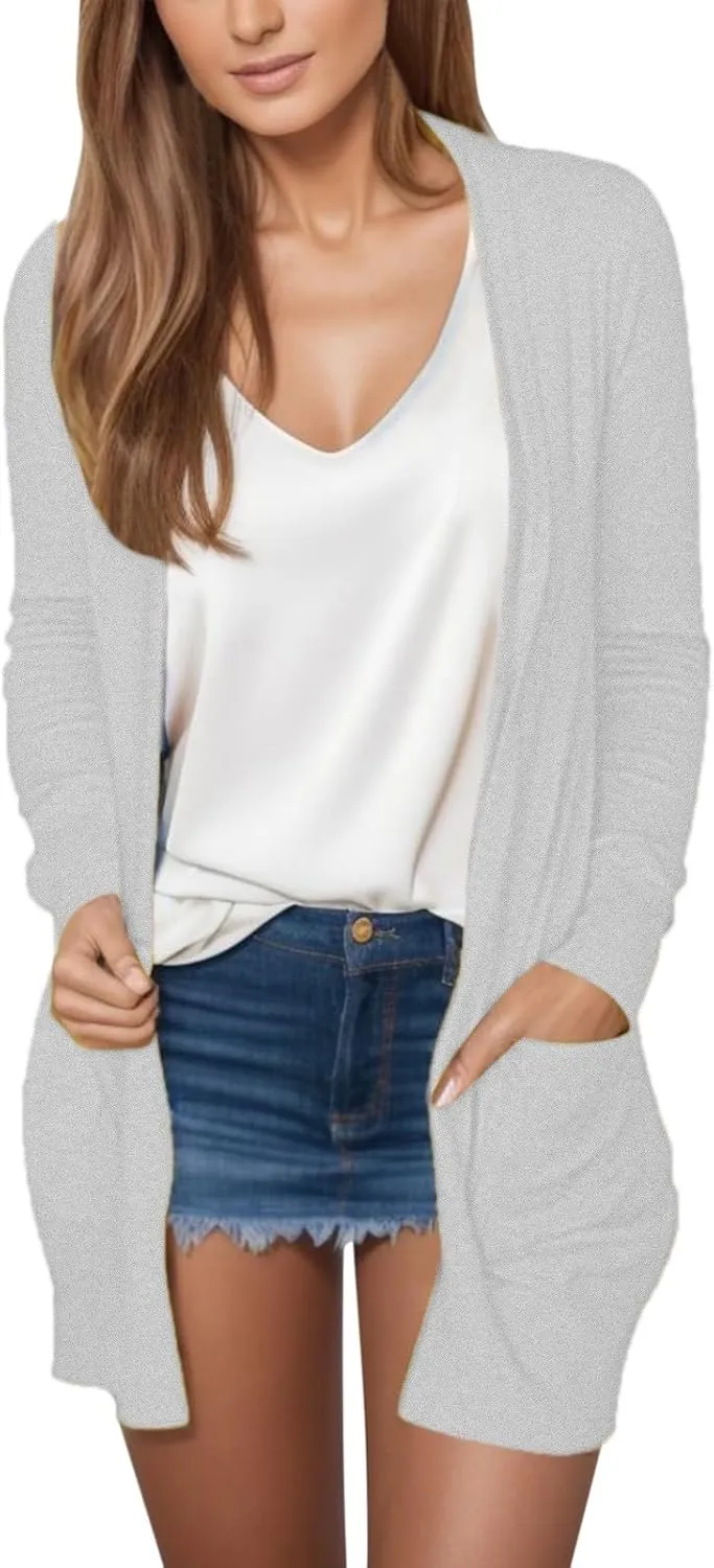 Summer Women's Long Sleeve Open Front Cardigan Casual Loose Lightweight Tops with Pockets
