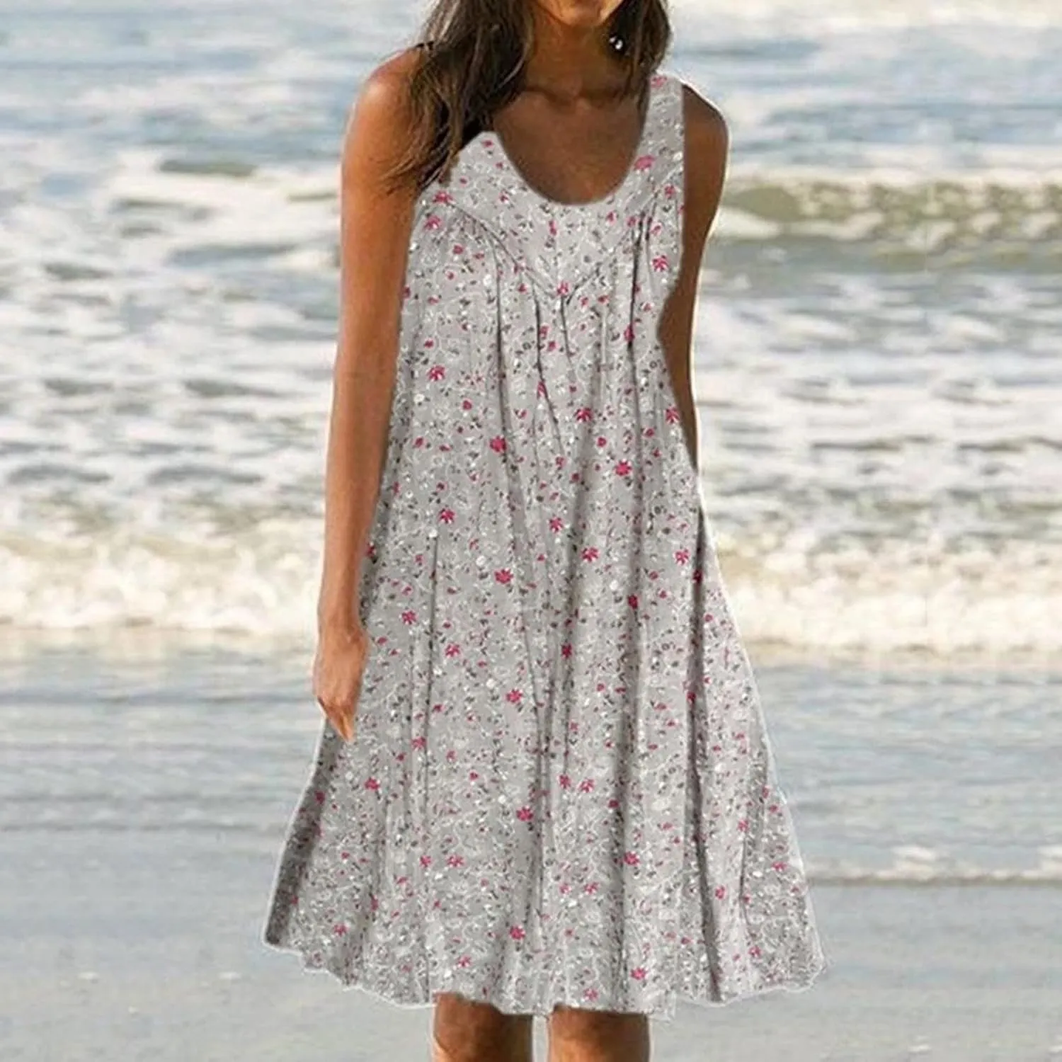 Sun Dresses Women Tank Dress Summer Cute Dresses Short Dress Sleeveless Casual Ruffle Floral Dress with Pockets
