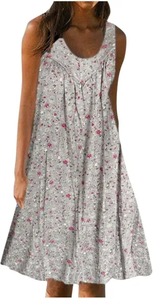 Sun Dresses Women Tank Dress Summer Cute Dresses Short Dress Sleeveless Casual Ruffle Floral Dress with Pockets