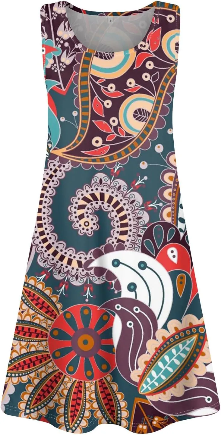 Sundress for Woman Tank Dress Spring Beach Dress A Line Dresses Sleeveless Patterned Boho Dress Summer with Pocket