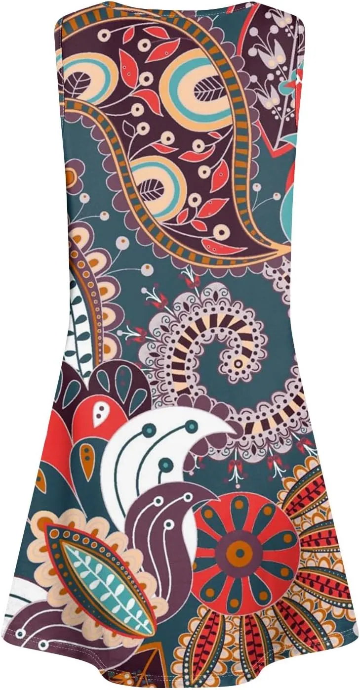 Sundress for Woman Tank Dress Spring Beach Dress A Line Dresses Sleeveless Patterned Boho Dress Summer with Pocket