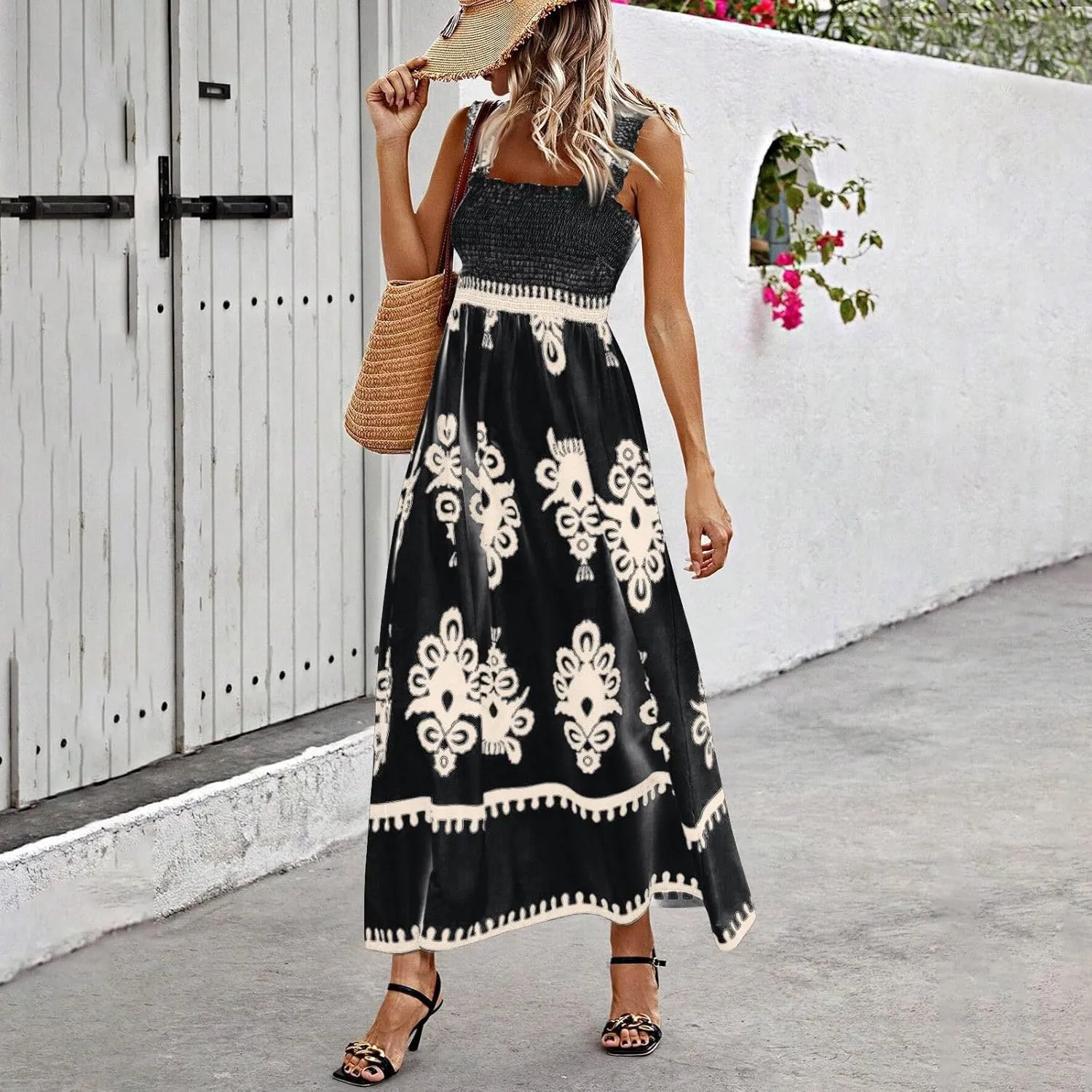 Sundresses for Women,2025 Summer Trendy Floral Smocked Maxi Dress,Sleeveless Square Neck Flowy Boho Vacation Dress