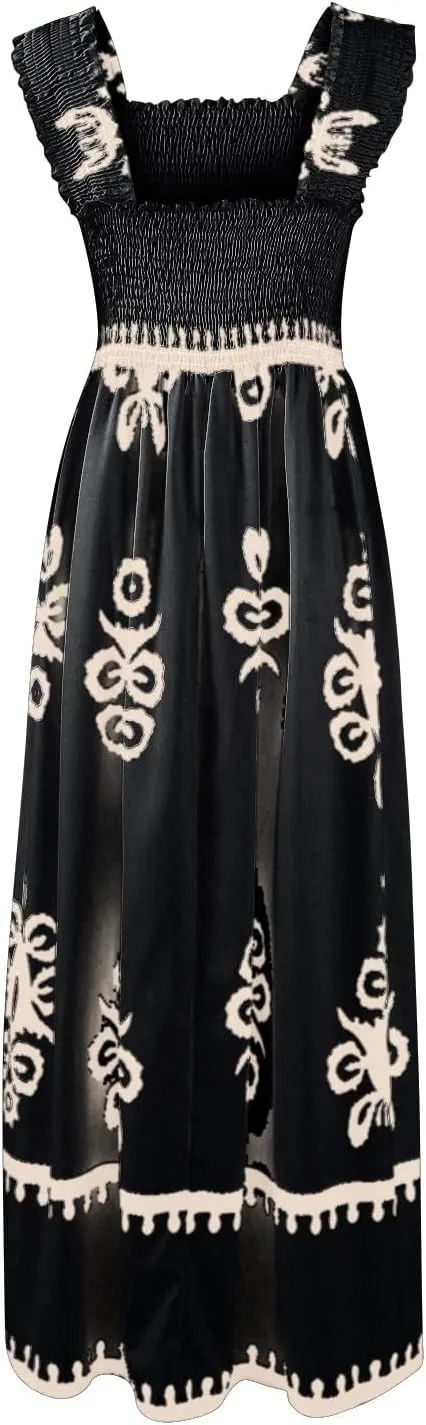 Sundresses for Women,2025 Summer Trendy Floral Smocked Maxi Dress,Sleeveless Square Neck Flowy Boho Vacation Dress