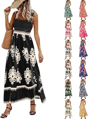 Sundresses for Women,2025 Summer Trendy Floral Smocked Maxi Dress,Sleeveless Square Neck Flowy Boho Vacation Dress