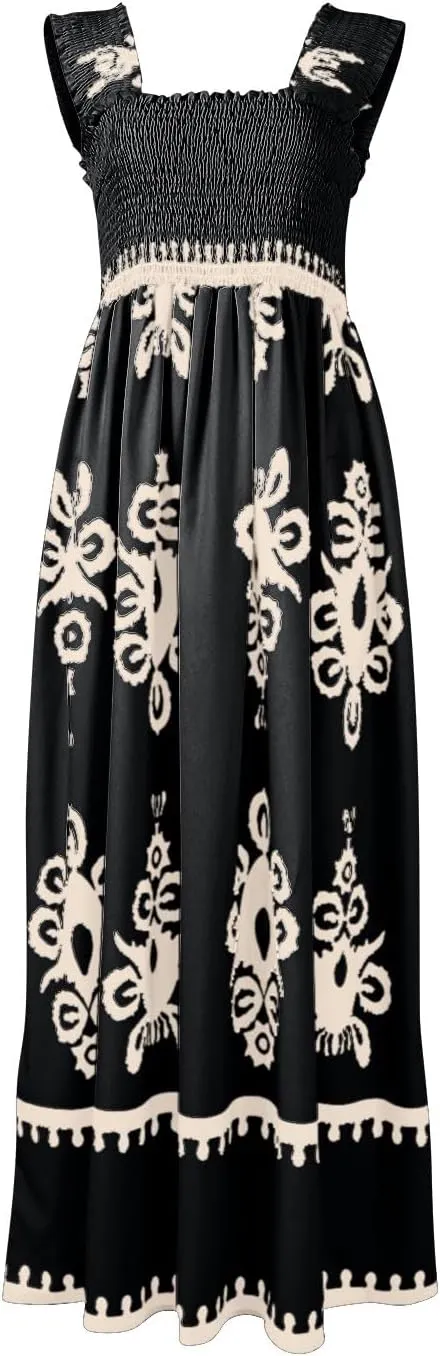Sundresses for Women,2025 Summer Trendy Floral Smocked Maxi Dress,Sleeveless Square Neck Flowy Boho Vacation Dress