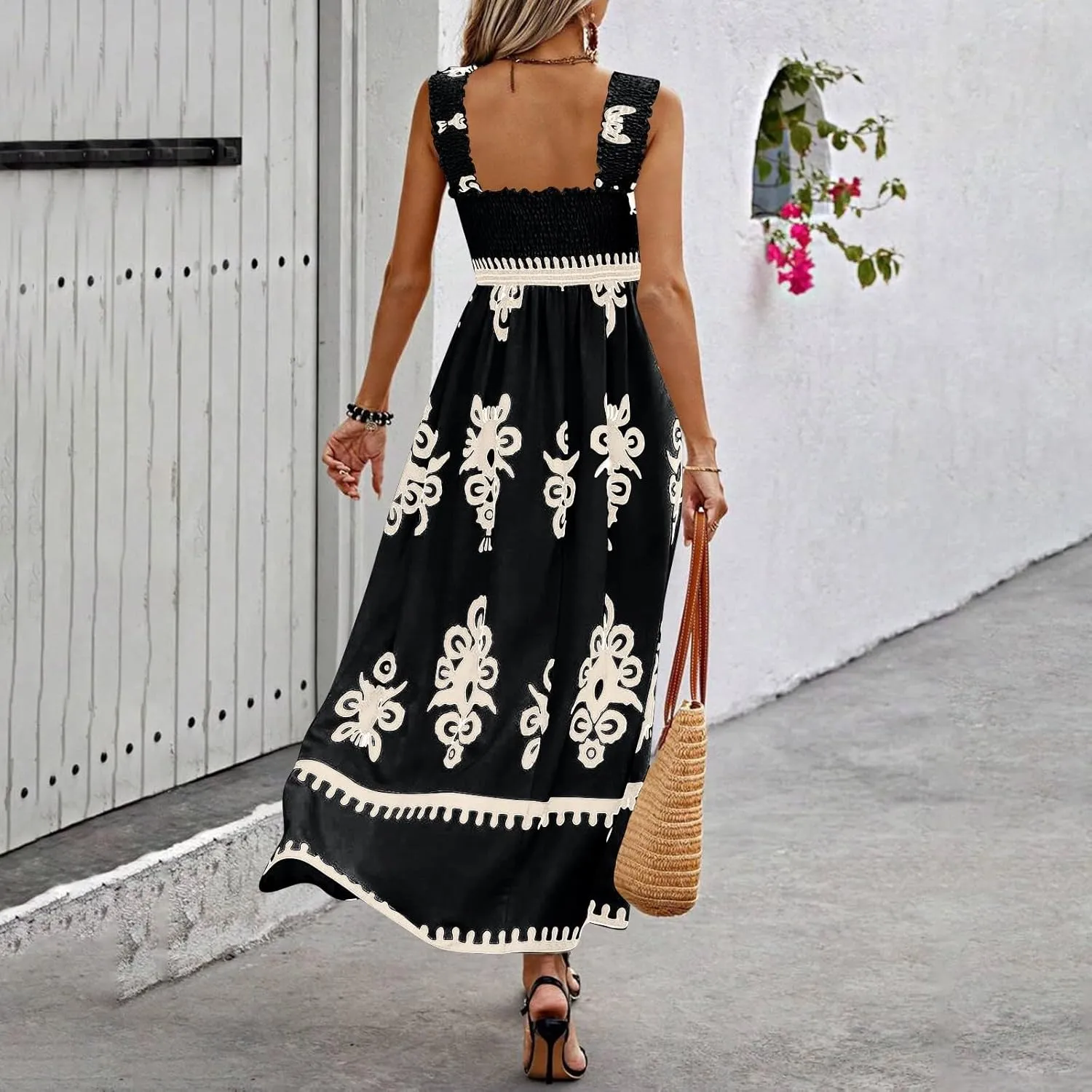 Sundresses for Women,2025 Summer Trendy Floral Smocked Maxi Dress,Sleeveless Square Neck Flowy Boho Vacation Dress