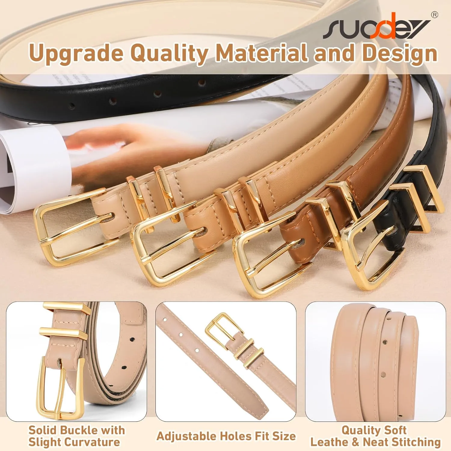 SUOSDEY Womens Skinny Leather Belt Solid Color Waist Belt with Pin Buckle for Jeans Dress Pants