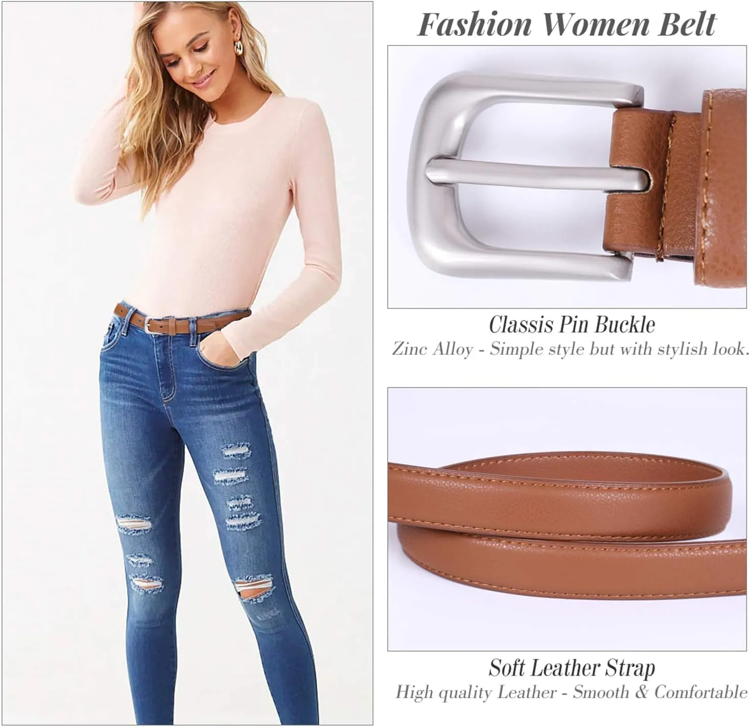 SUOSDEY Womens Skinny Leather Belt Solid Color Waist Belt with Pin Buckle for Jeans Dress Pants