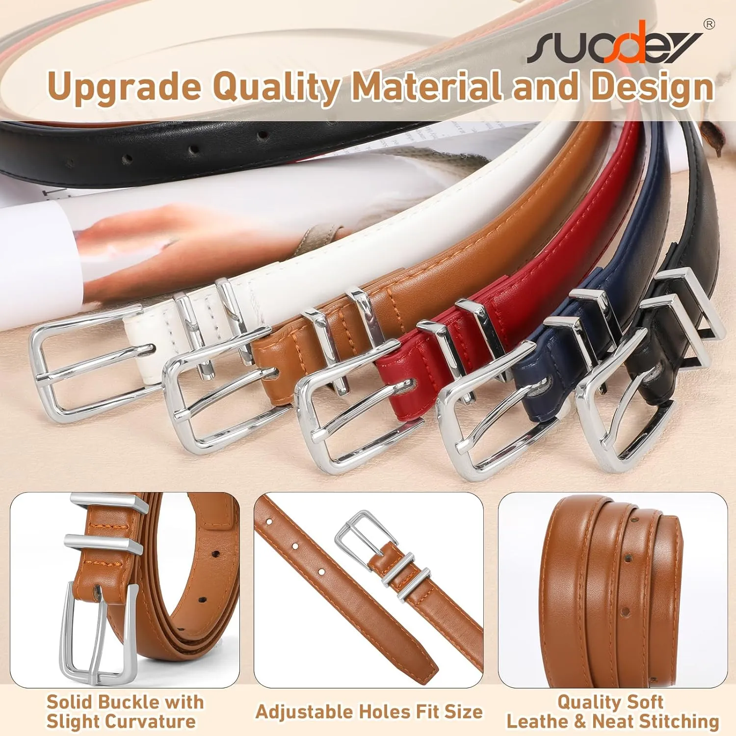 SUOSDEY Womens Skinny Leather Belt Solid Color Waist Belt with Pin Buckle for Jeans Dress Pants