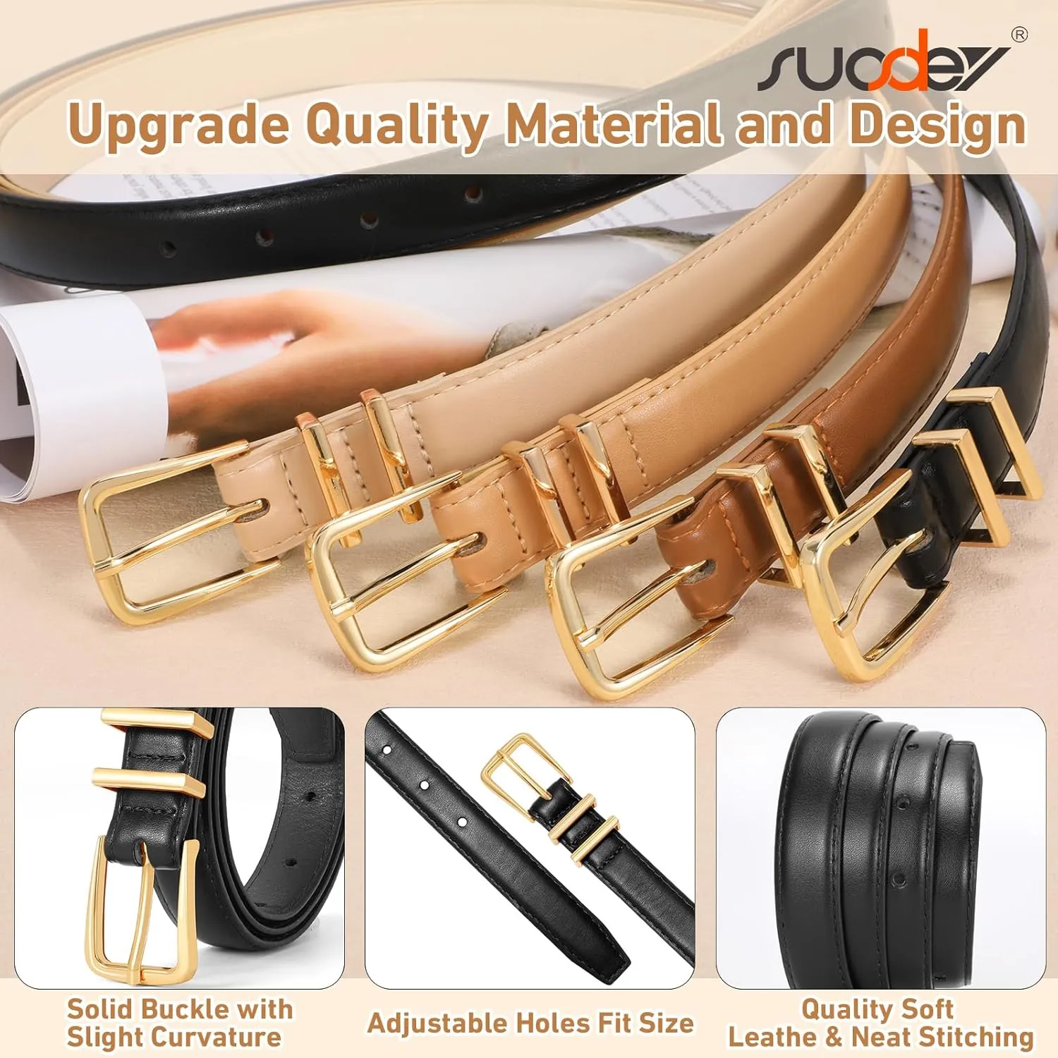 SUOSDEY Womens Skinny Leather Belt Solid Color Waist Belt with Pin Buckle for Jeans Dress Pants
