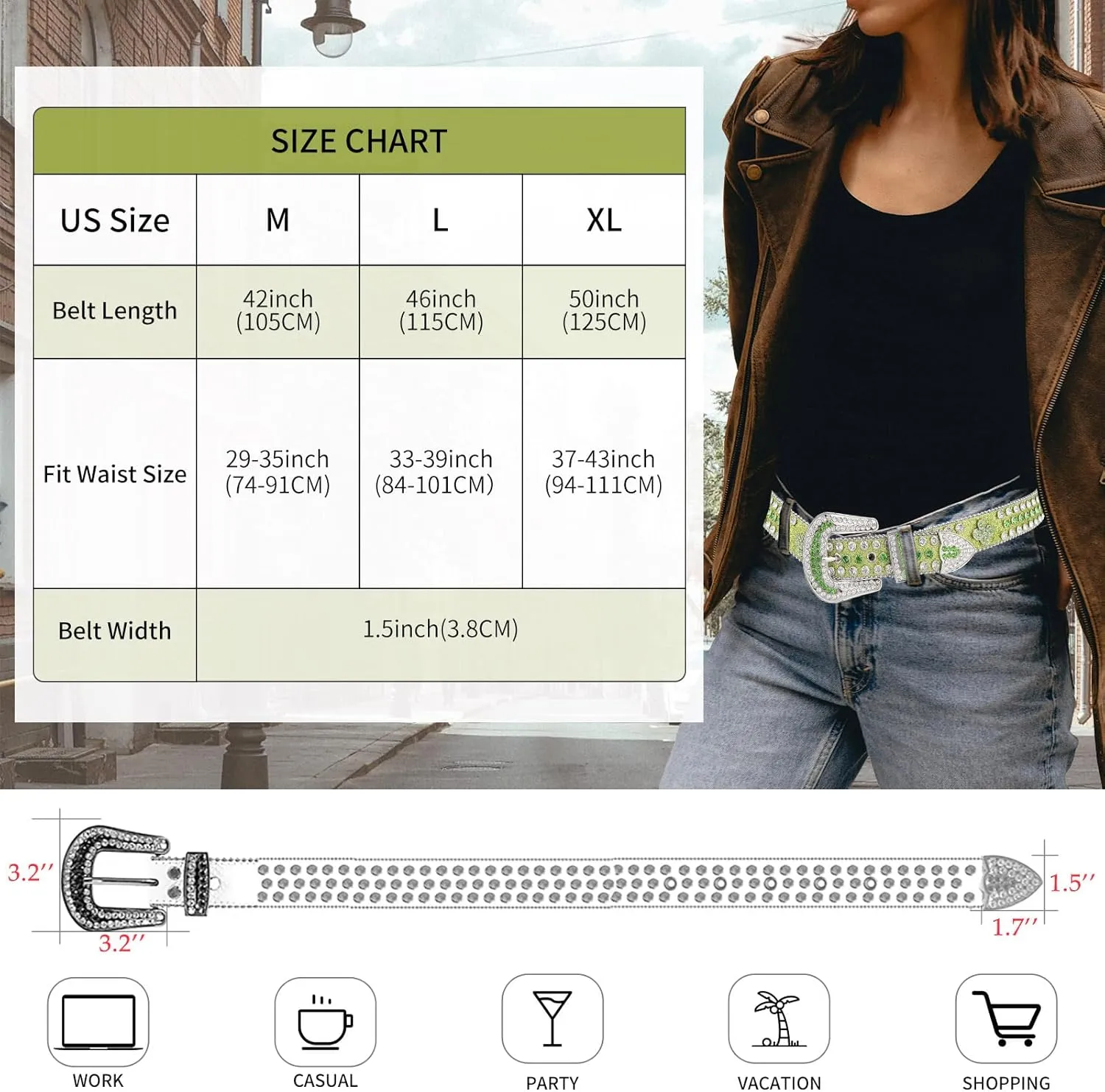 TINIDI Four Leaves Rhinestone Belts for Men Women Western Punk Rock Diamond Studded Bling Leather Belt for Jeans Pants