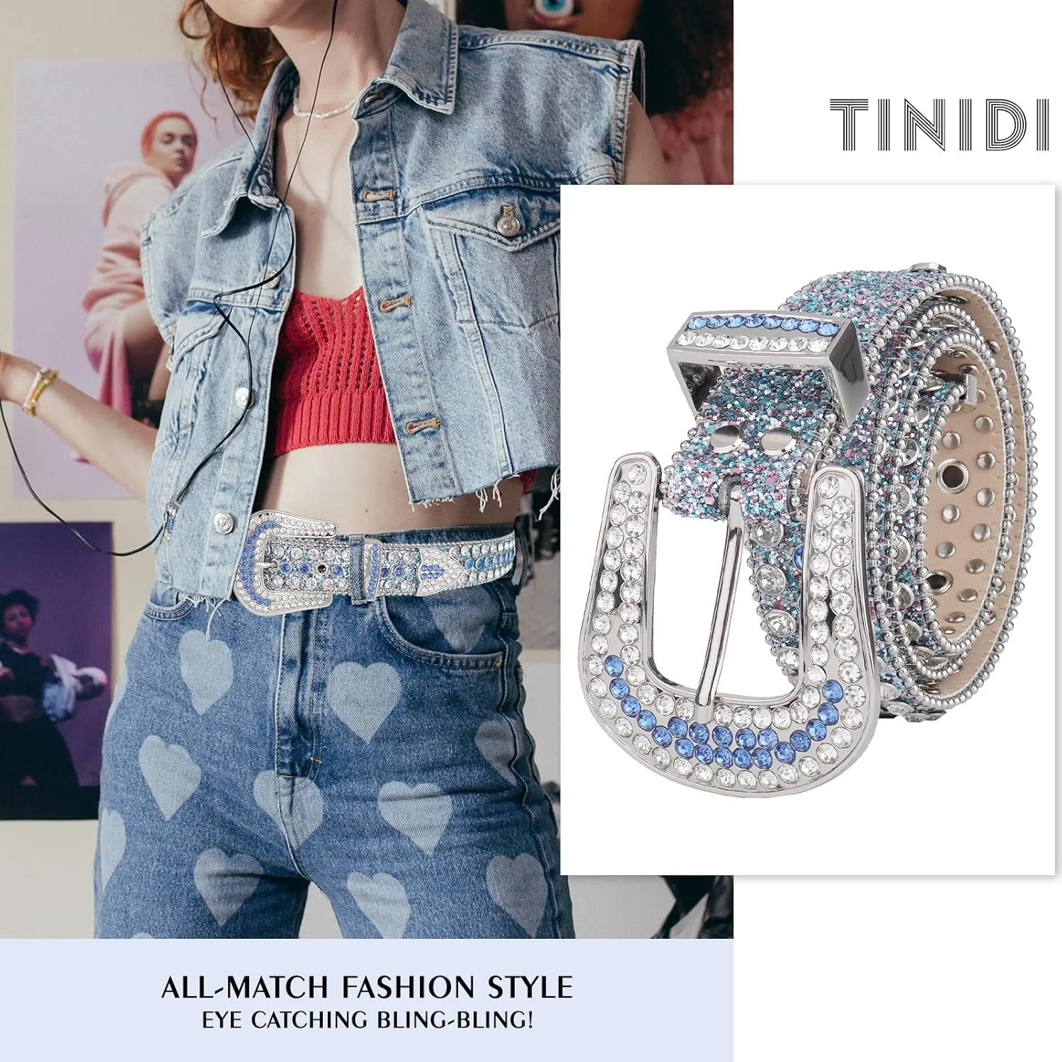 TINIDI Four Leaves Rhinestone Belts for Men Women Western Punk Rock Diamond Studded Bling Leather Belt for Jeans Pants