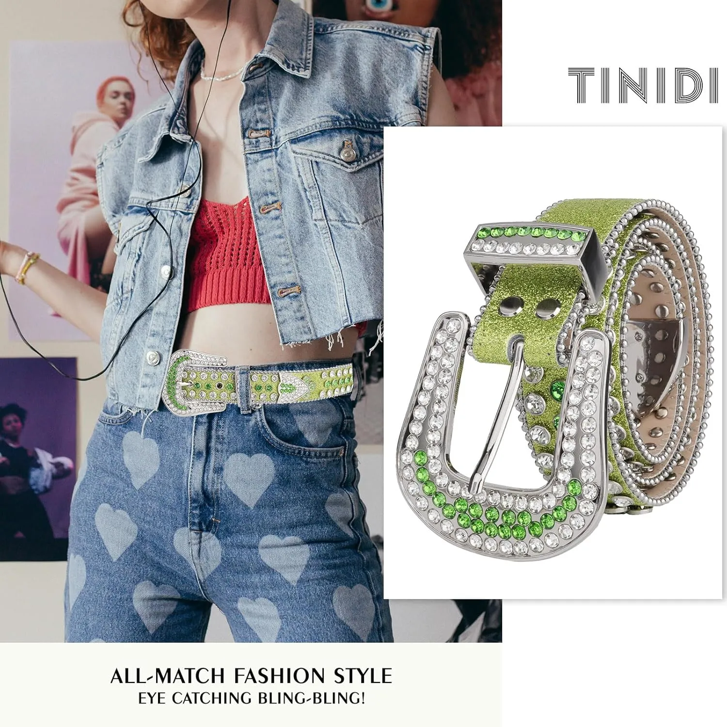 TINIDI Four Leaves Rhinestone Belts for Men Women Western Punk Rock Diamond Studded Bling Leather Belt for Jeans Pants