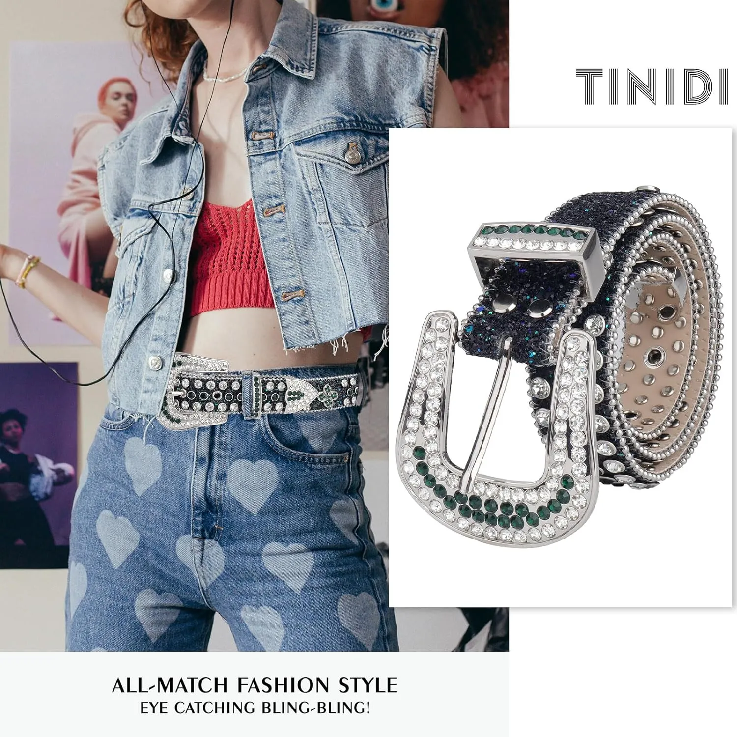TINIDI Four Leaves Rhinestone Belts for Men Women Western Punk Rock Diamond Studded Bling Leather Belt for Jeans Pants