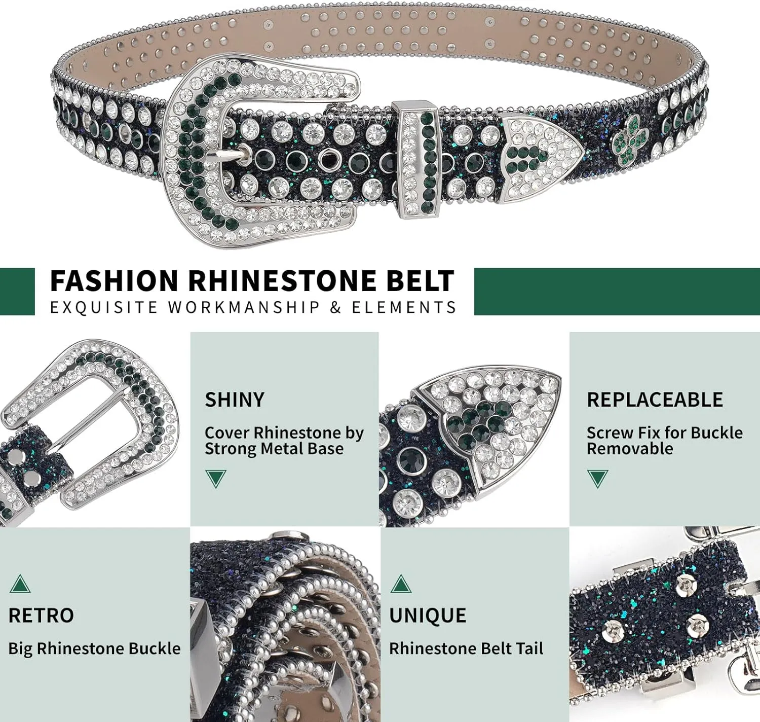 TINIDI Four Leaves Rhinestone Belts for Men Women Western Punk Rock Diamond Studded Bling Leather Belt for Jeans Pants