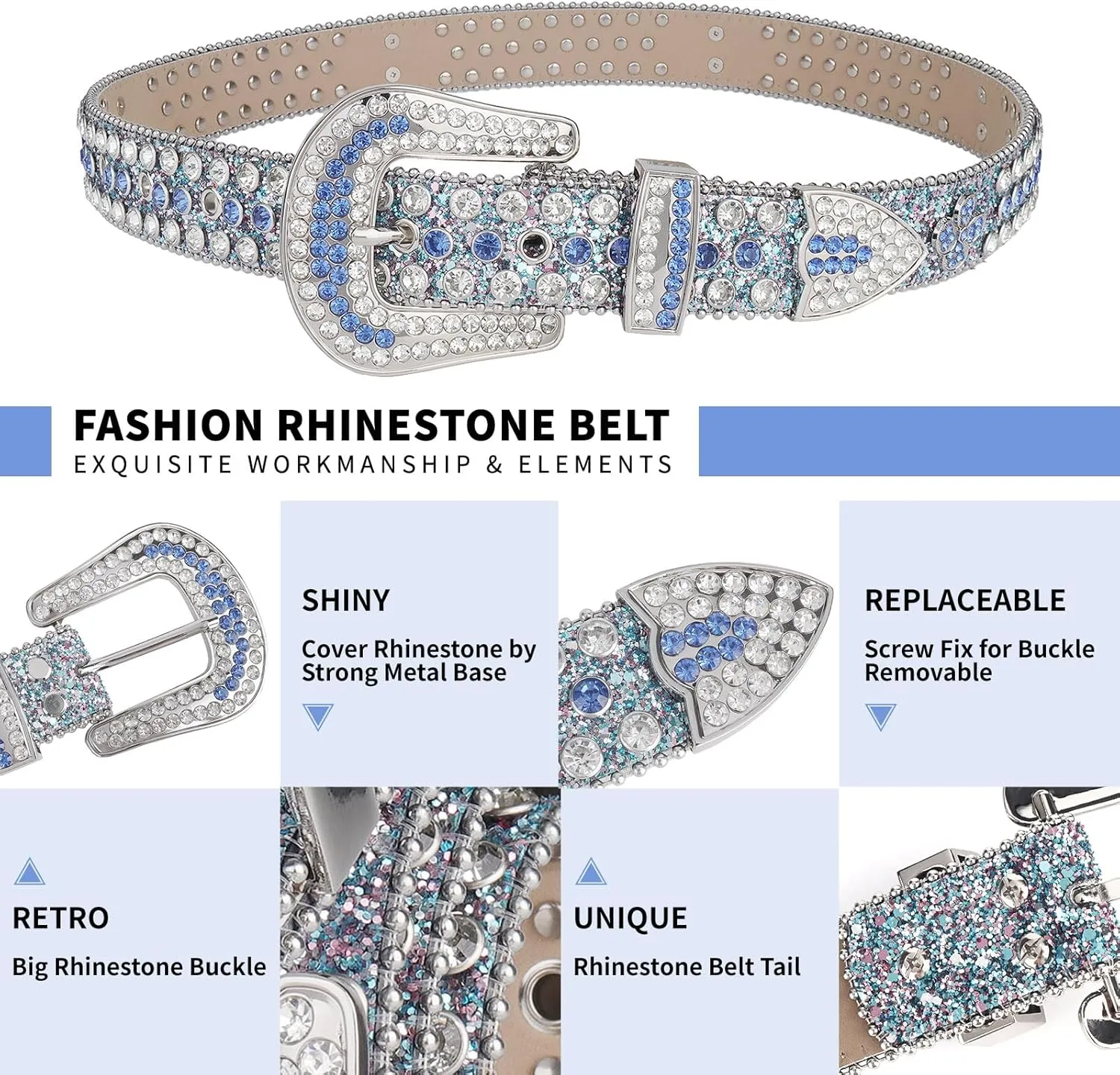TINIDI Four Leaves Rhinestone Belts for Men Women Western Punk Rock Diamond Studded Bling Leather Belt for Jeans Pants