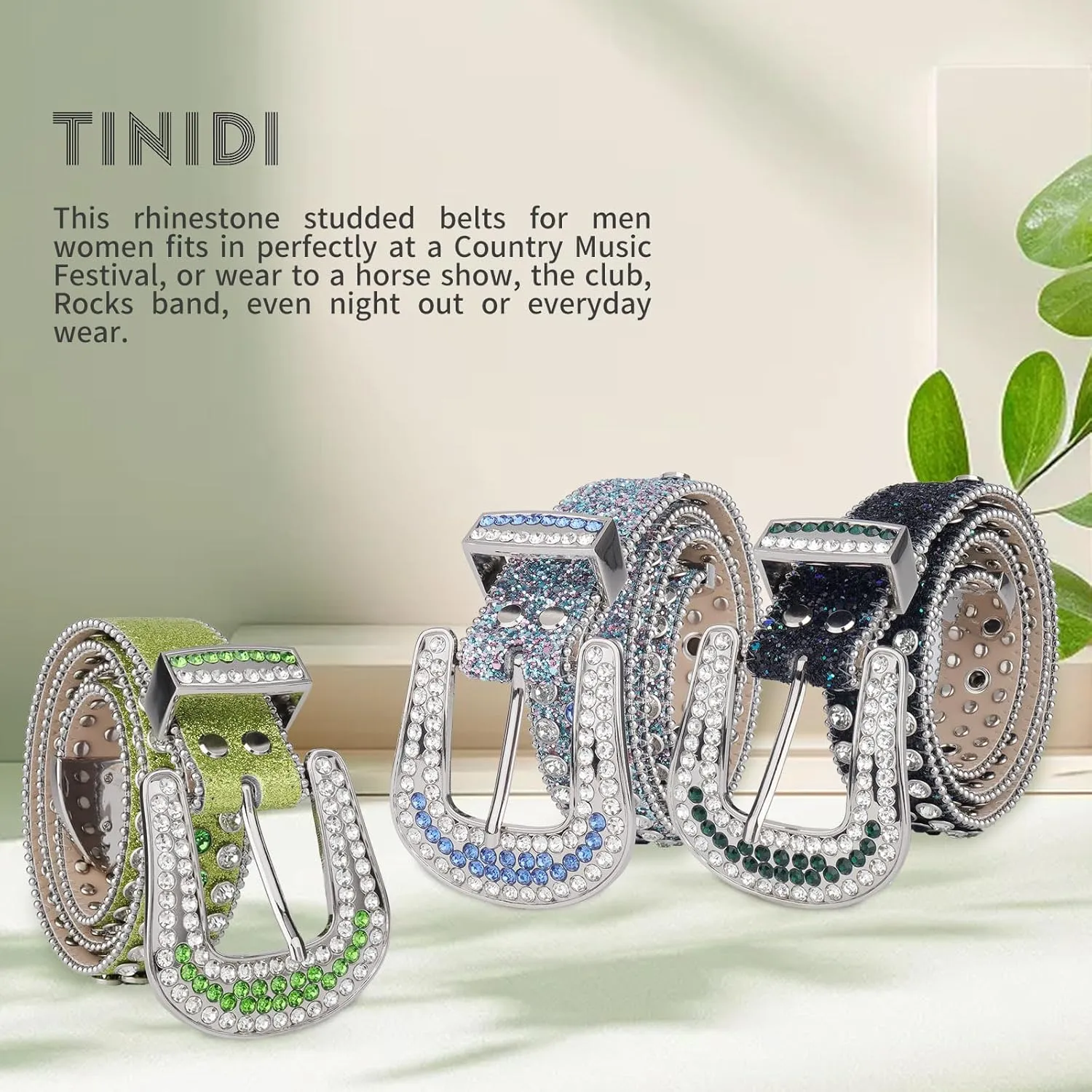 TINIDI Four Leaves Rhinestone Belts for Men Women Western Punk Rock Diamond Studded Bling Leather Belt for Jeans Pants