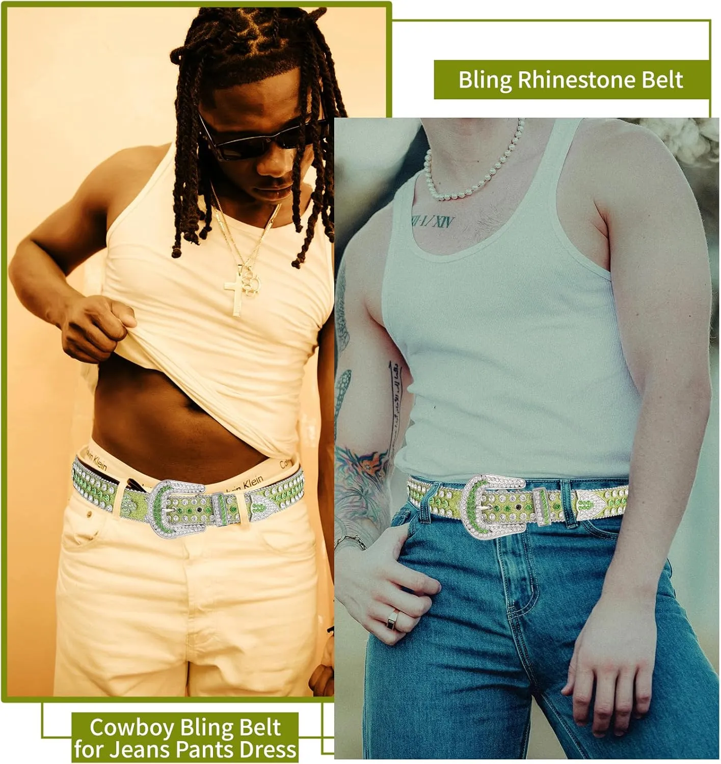 TINIDI Four Leaves Rhinestone Belts for Men Women Western Punk Rock Diamond Studded Bling Leather Belt for Jeans Pants