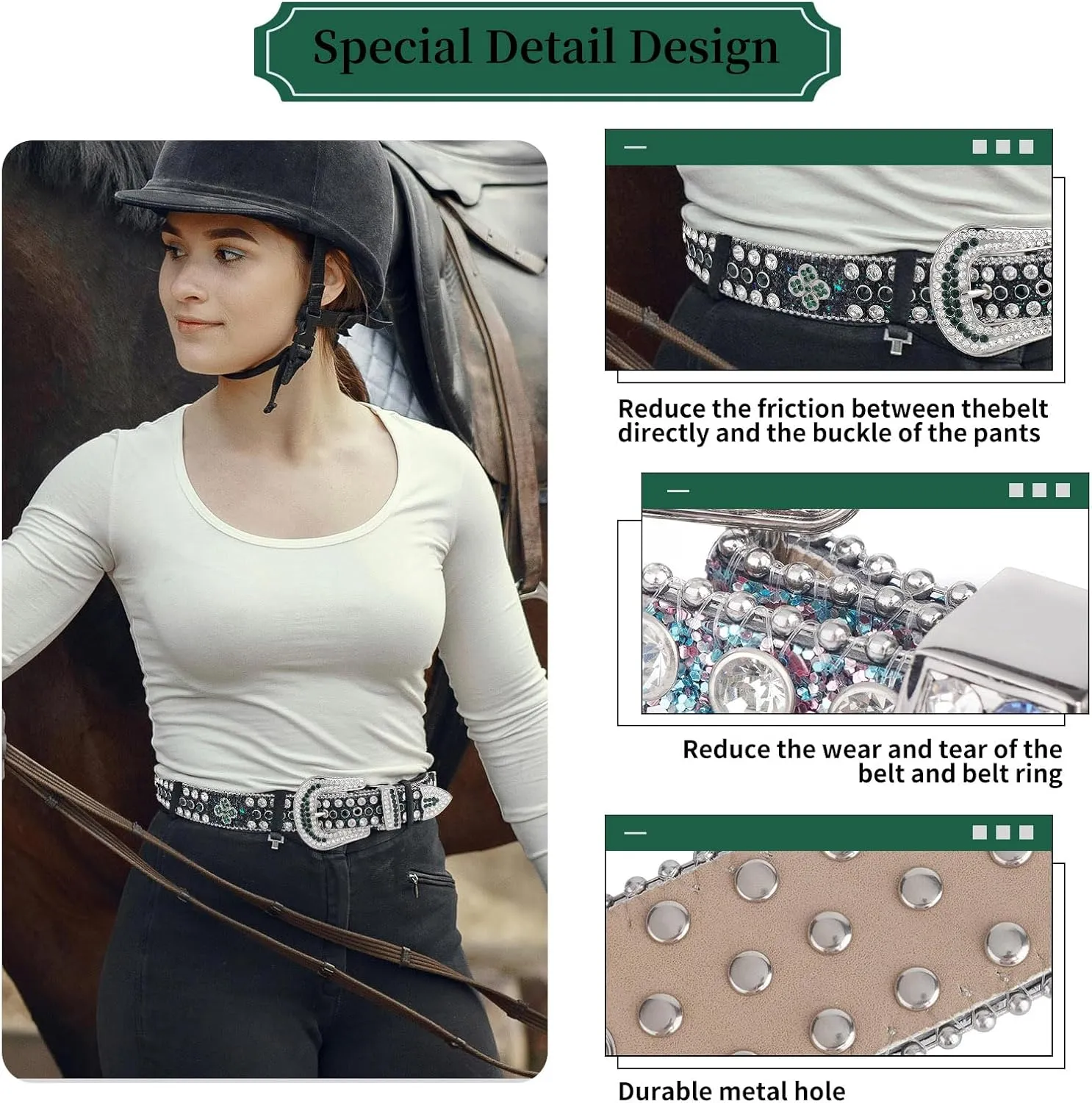 TINIDI Four Leaves Rhinestone Belts for Men Women Western Punk Rock Diamond Studded Bling Leather Belt for Jeans Pants