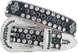 TINIDI Four Leaves Rhinestone Belts for Men Women Western Punk Rock Diamond Studded Bling Leather Belt for Jeans Pants