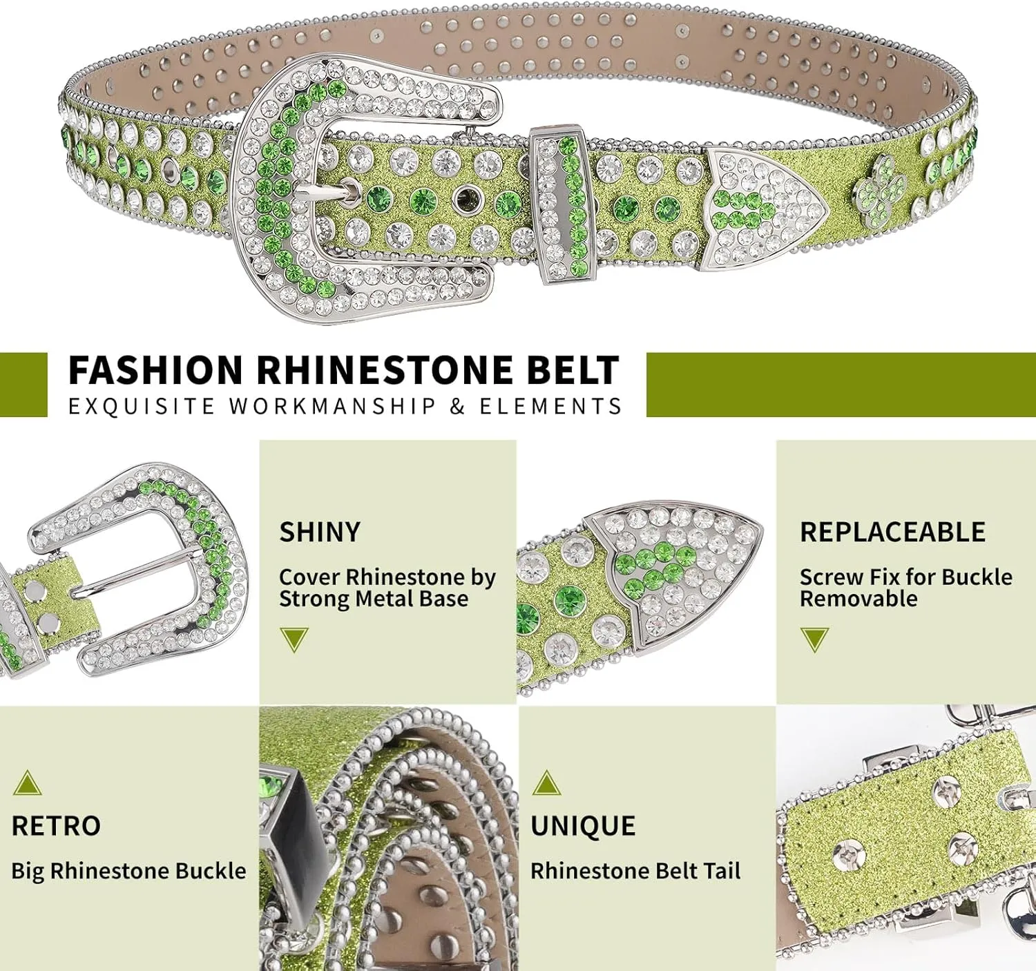 TINIDI Four Leaves Rhinestone Belts for Men Women Western Punk Rock Diamond Studded Bling Leather Belt for Jeans Pants