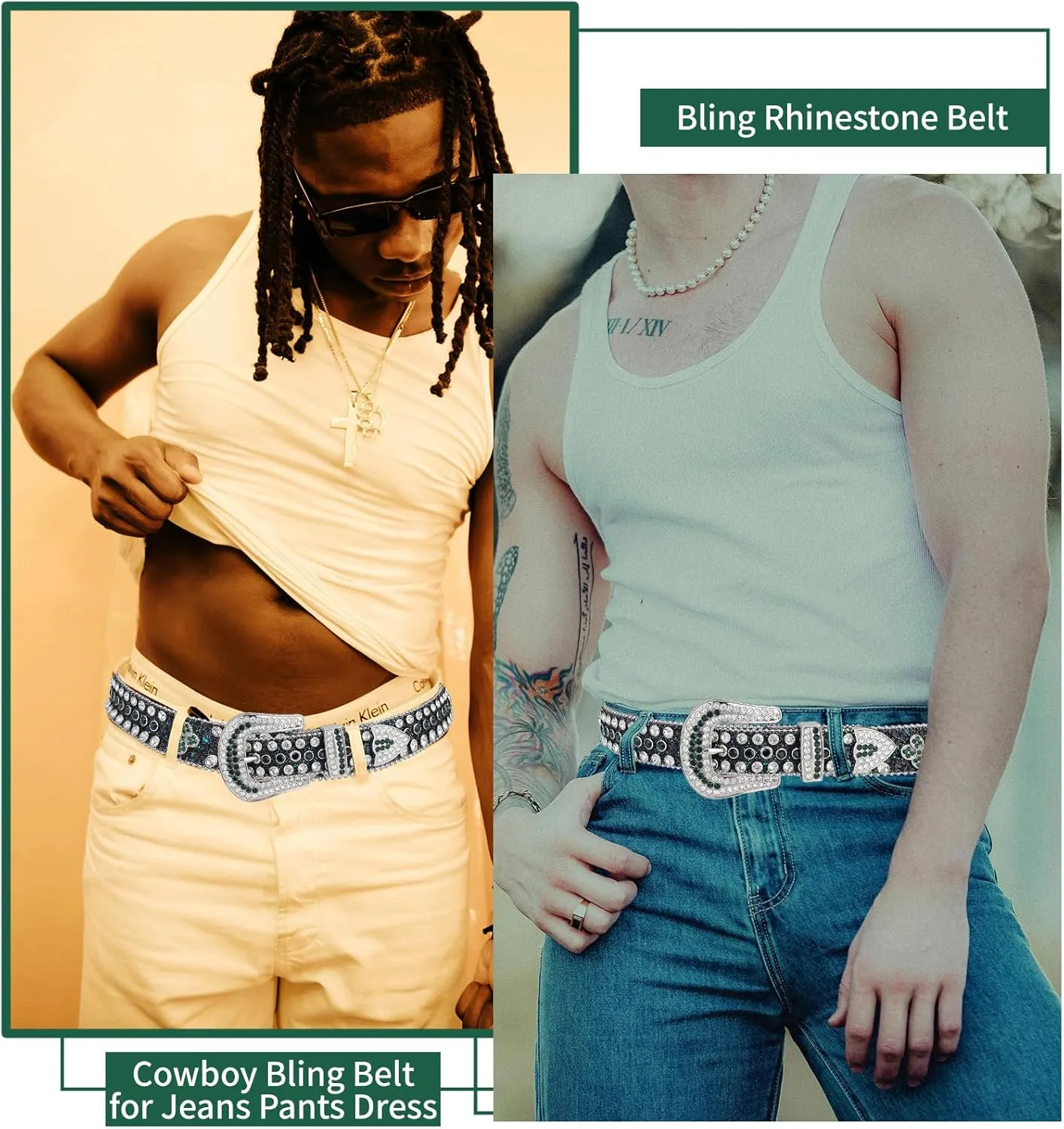 TINIDI Four Leaves Rhinestone Belts for Men Women Western Punk Rock Diamond Studded Bling Leather Belt for Jeans Pants