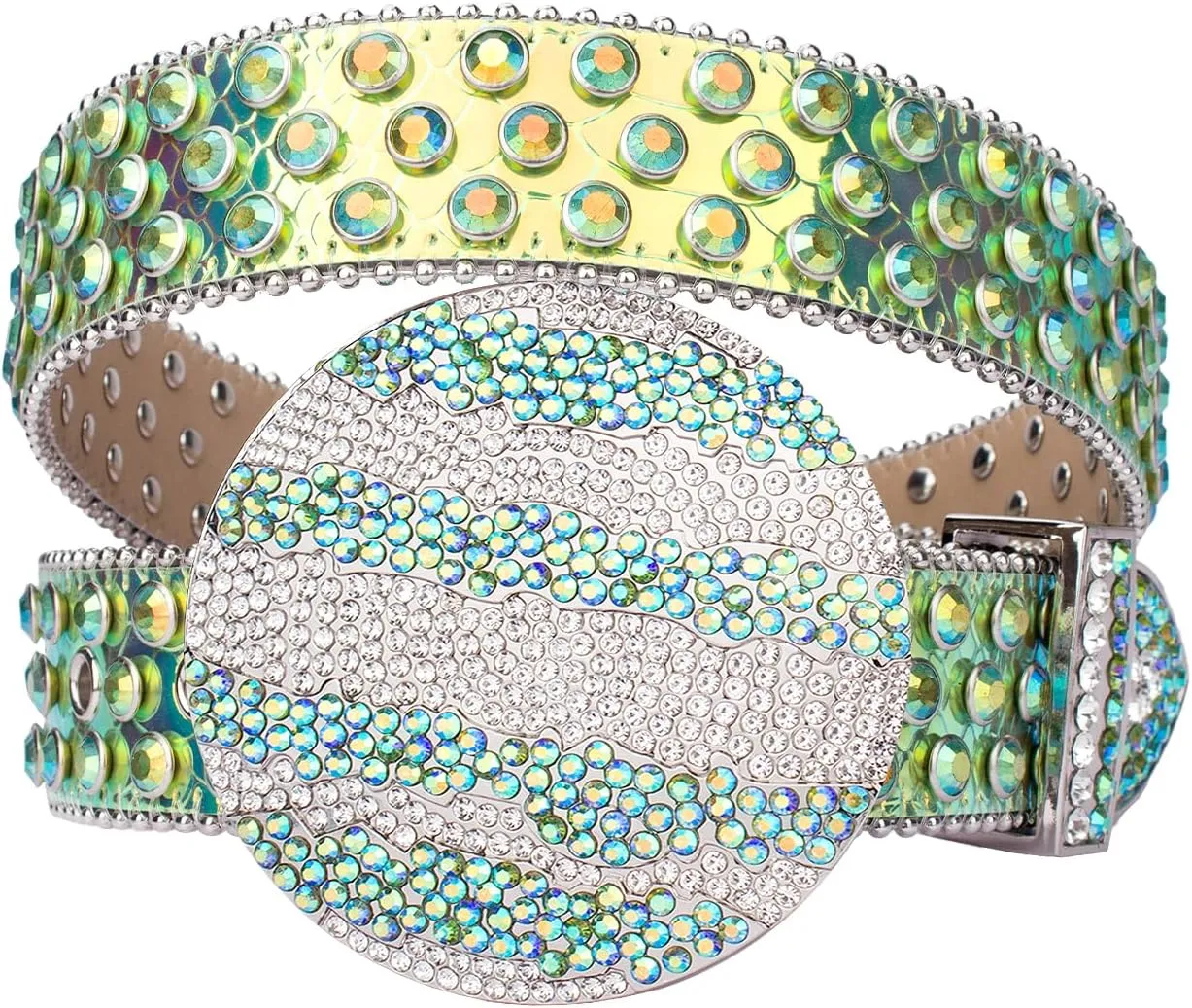 TINIDI Men Women Rhinestone Belt Western Bling Belt Studded Crystal Diamond Leather Belts With Jupiter Round Buckle