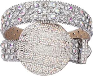 TINIDI Men Women Rhinestone Belt Western Bling Belt Studded Crystal Diamond Leather Belts With Jupiter Round Buckle