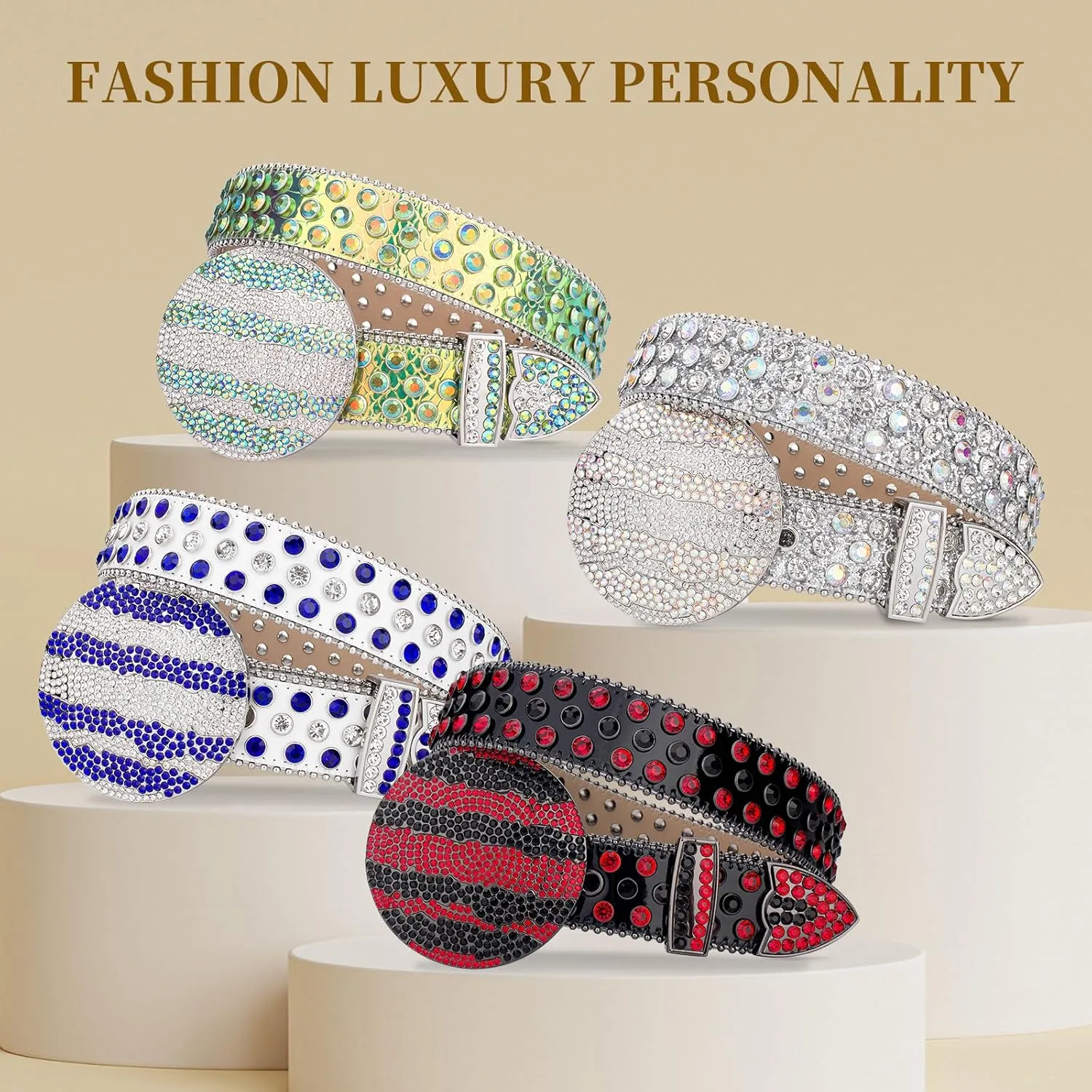 TINIDI Men Women Rhinestone Belt Western Bling Belt Studded Crystal Diamond Leather Belts With Jupiter Round Buckle