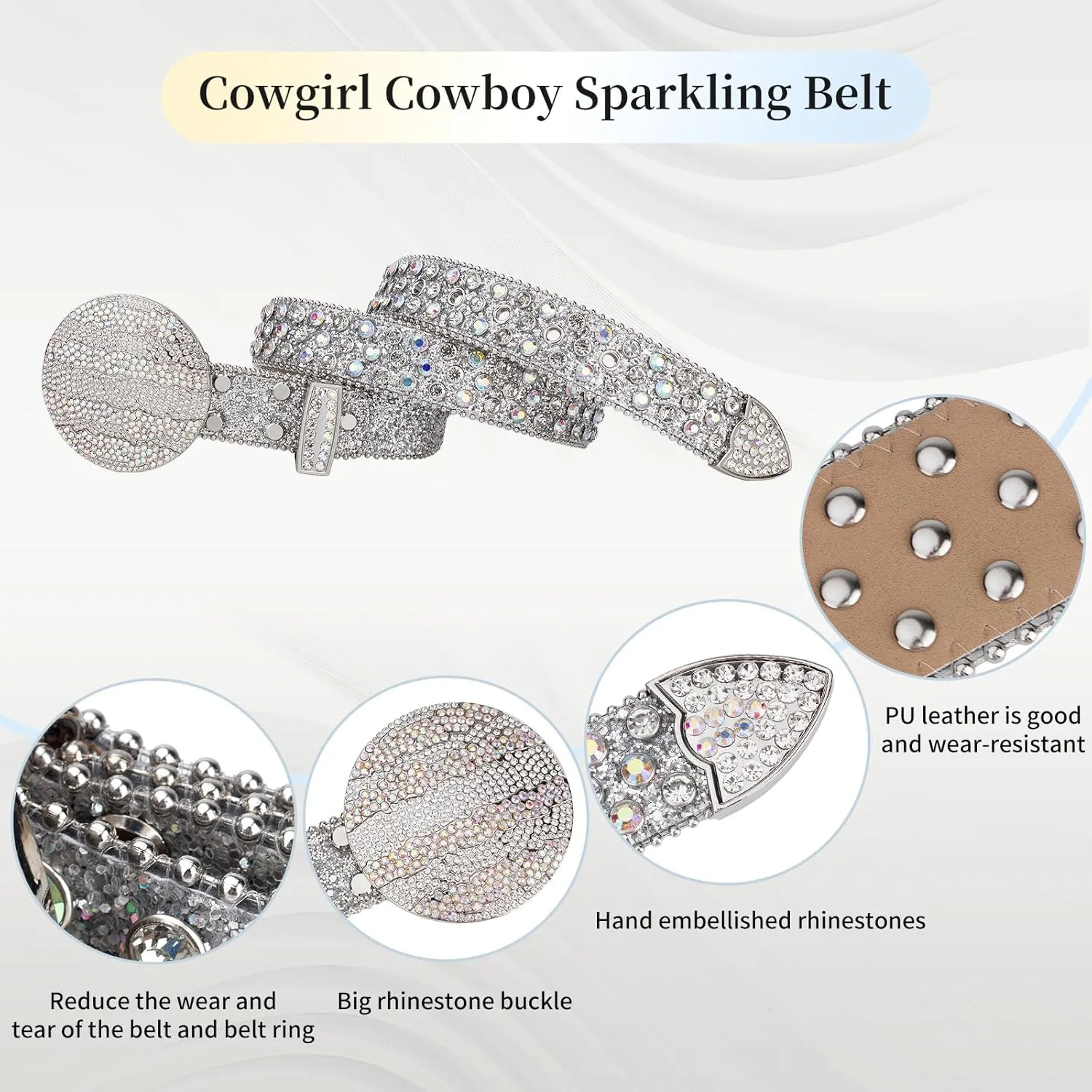 TINIDI Men Women Rhinestone Belt Western Bling Belt Studded Crystal Diamond Leather Belts With Jupiter Round Buckle