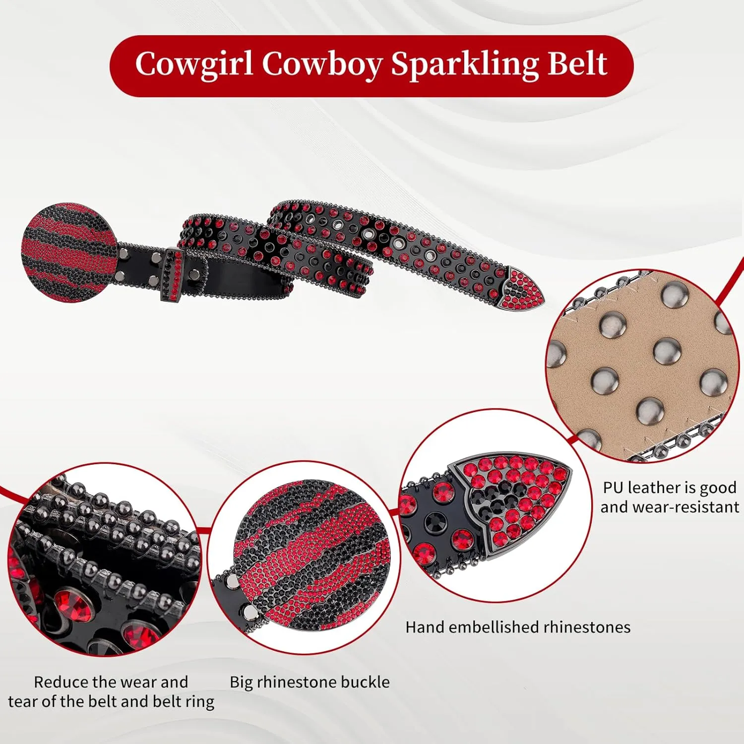 TINIDI Men Women Rhinestone Belt Western Bling Belt Studded Crystal Diamond Leather Belts With Jupiter Round Buckle