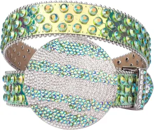 TINIDI Men Women Rhinestone Belt Western Bling Belt Studded Crystal Diamond Leather Belts With Jupiter Round Buckle