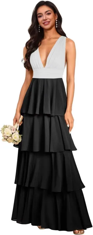 V Neck Bridesmaid Dresses 2025 Chiffon Ruffle Tiered Long Prom Dresses A Line Formal Evening Gowns XOD0436