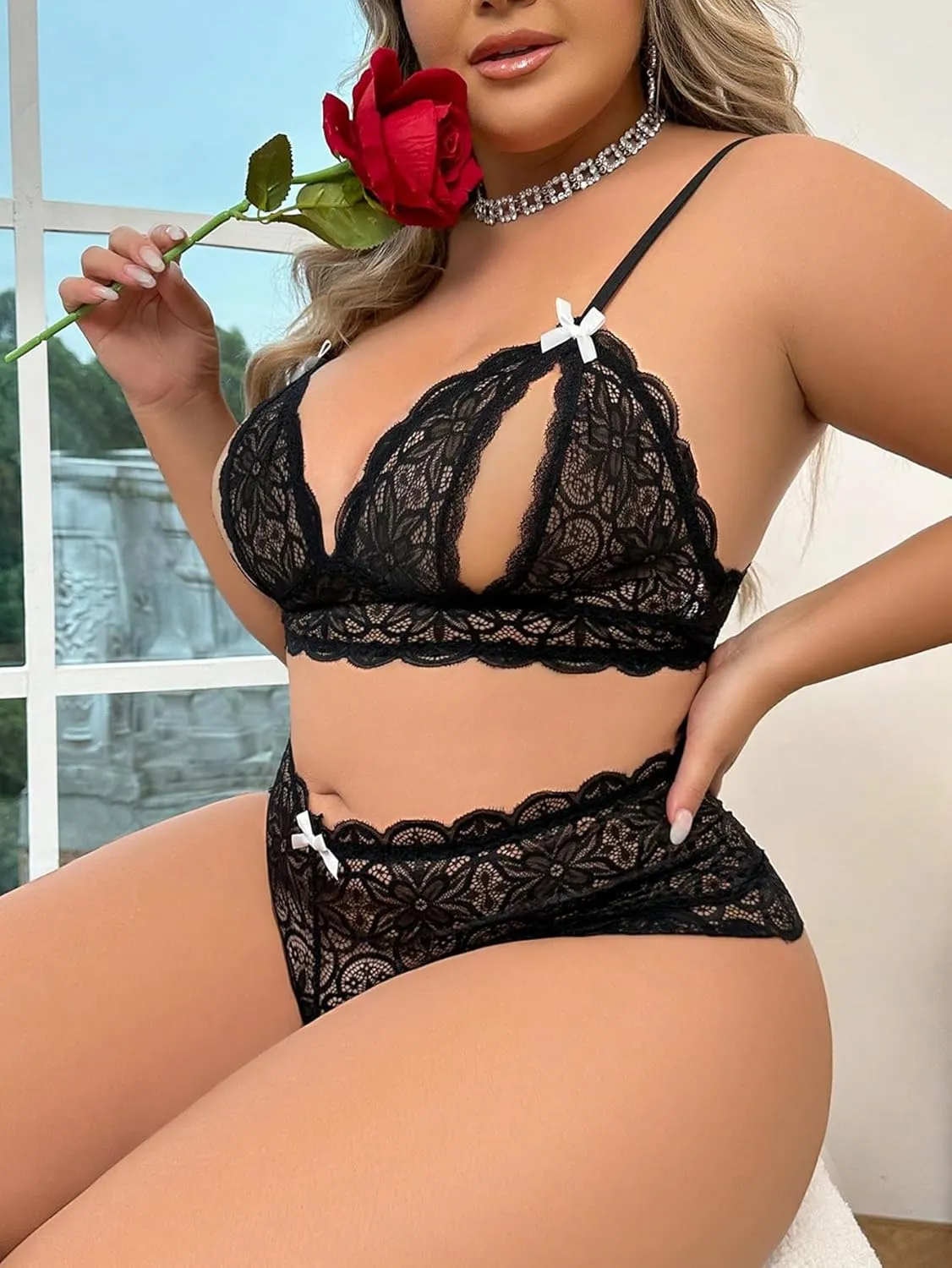 Verdusa Women's Plus Size 2 Piece Sheer Lace Lingerie Set Bow Cut Out Bralettes and Panty Set