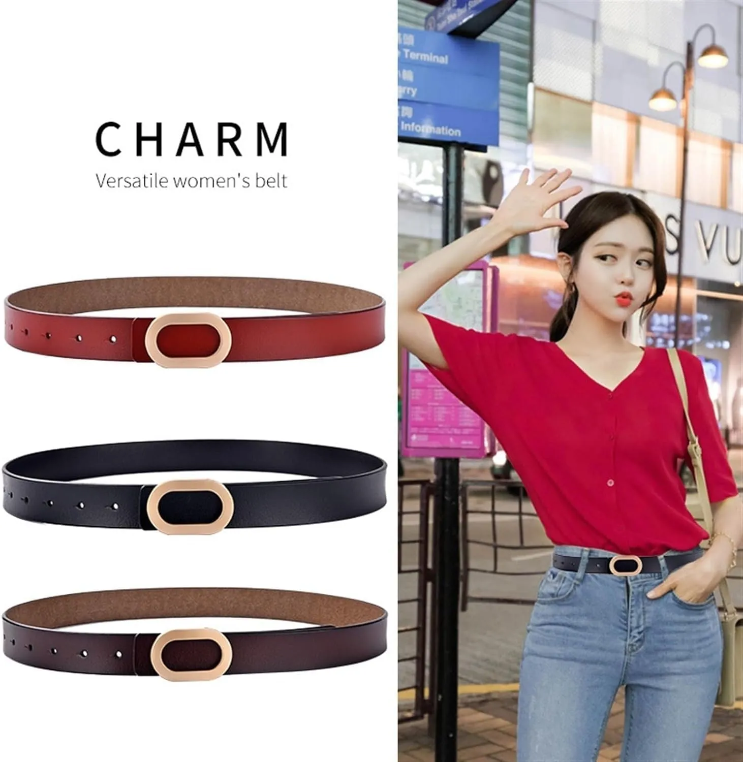 Waist Belt Adjustable Women's Waist Belts Cowhide Belt Fashion Simple Versatile Denim Belts Alloy Buckle Dress