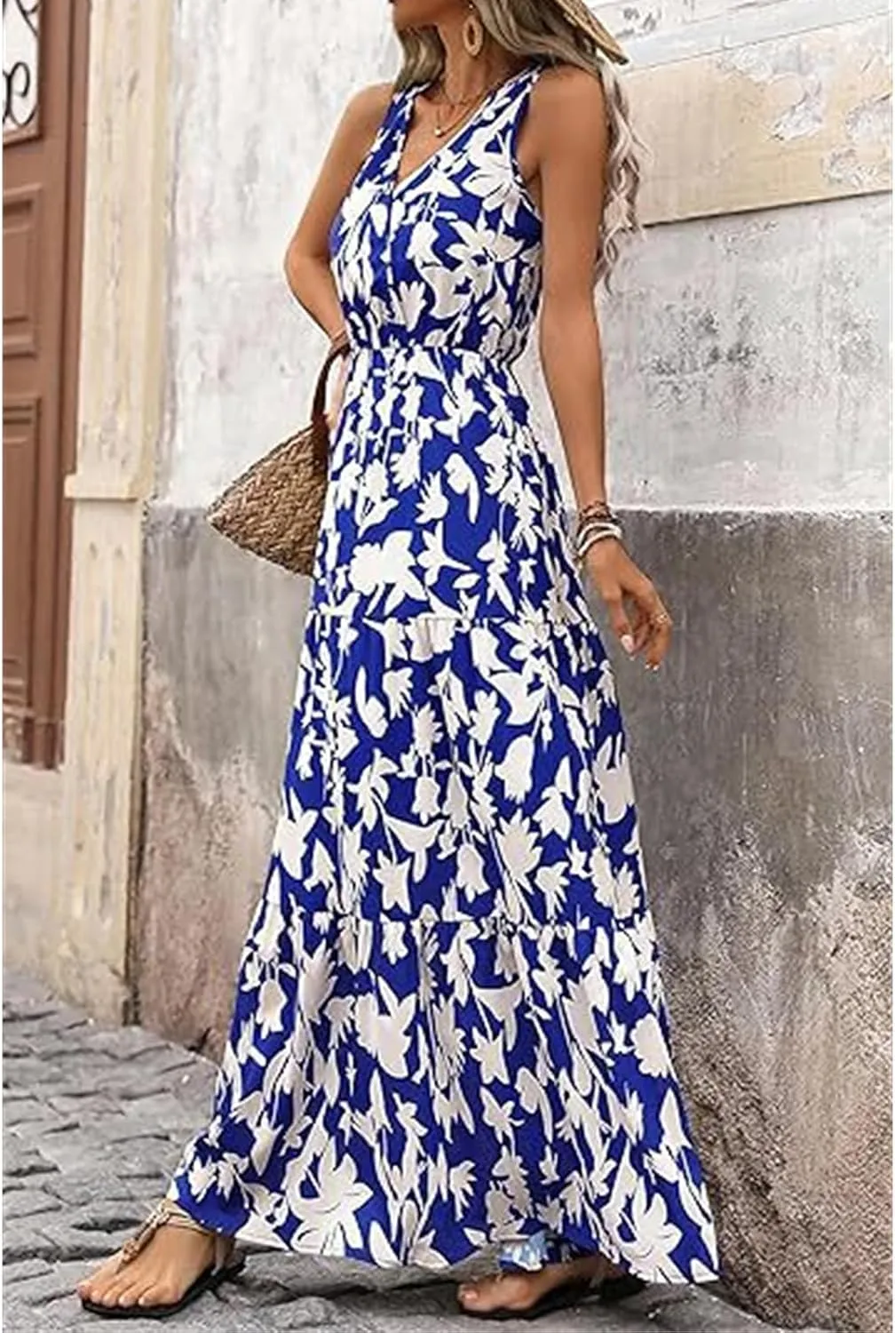 Wedding Guest Dress for Women Sleeveless V Neck Maxi Dress Elastic Waist Casual Floral Printed Summer Sundress 2025