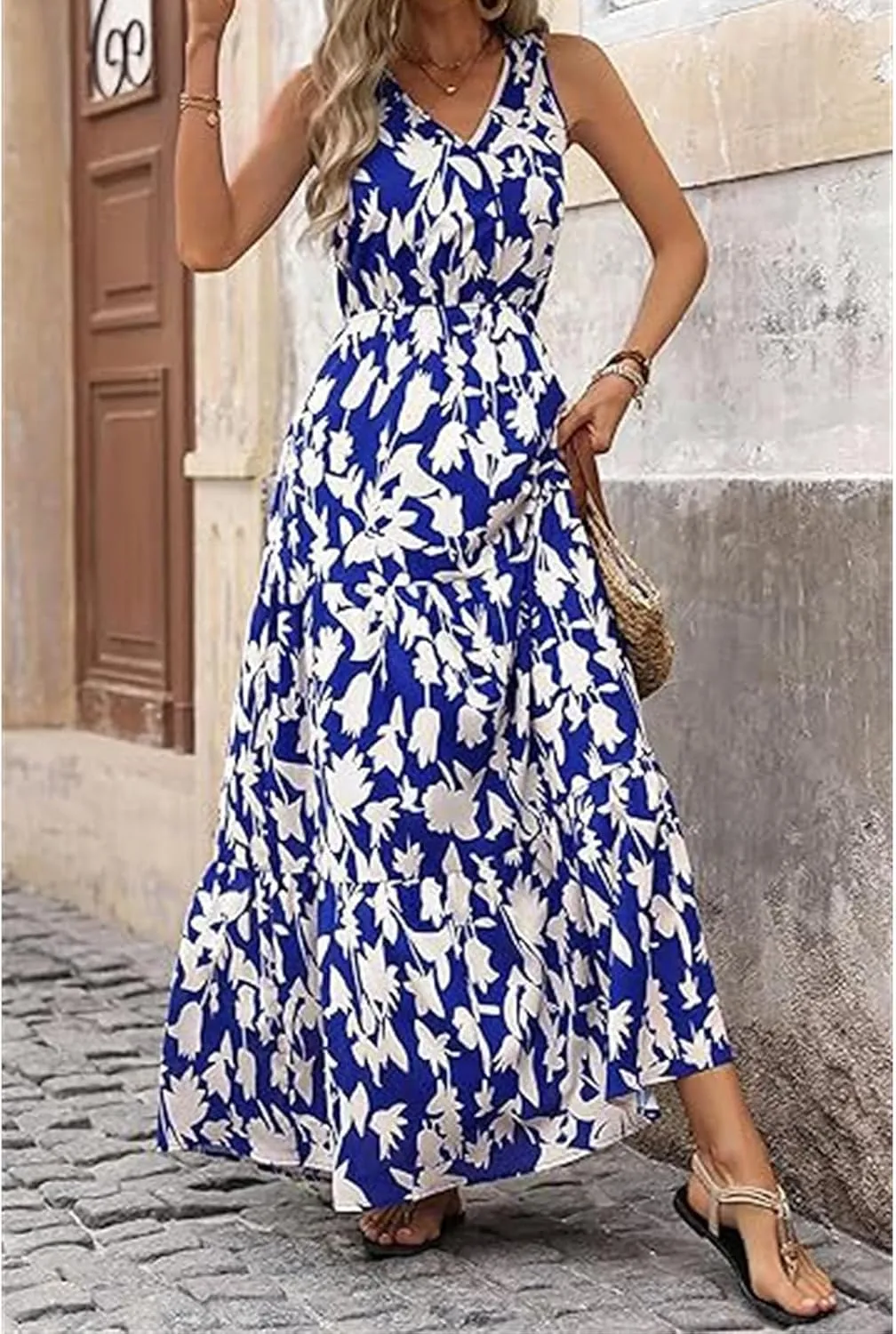 Wedding Guest Dress for Women Sleeveless V Neck Maxi Dress Elastic Waist Casual Floral Printed Summer Sundress 2025