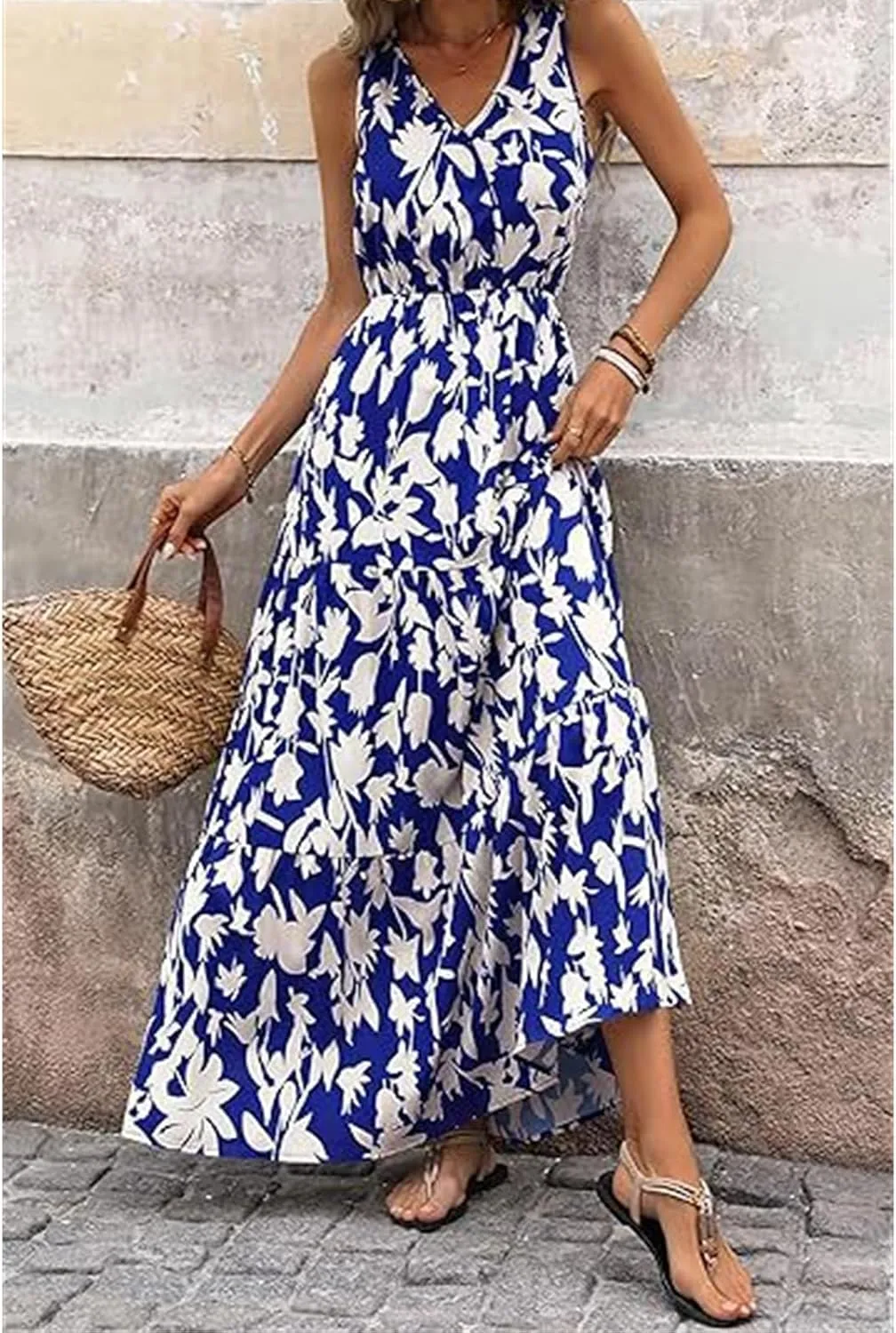 Wedding Guest Dress for Women Sleeveless V Neck Maxi Dress Elastic Waist Casual Floral Printed Summer Sundress 2025
