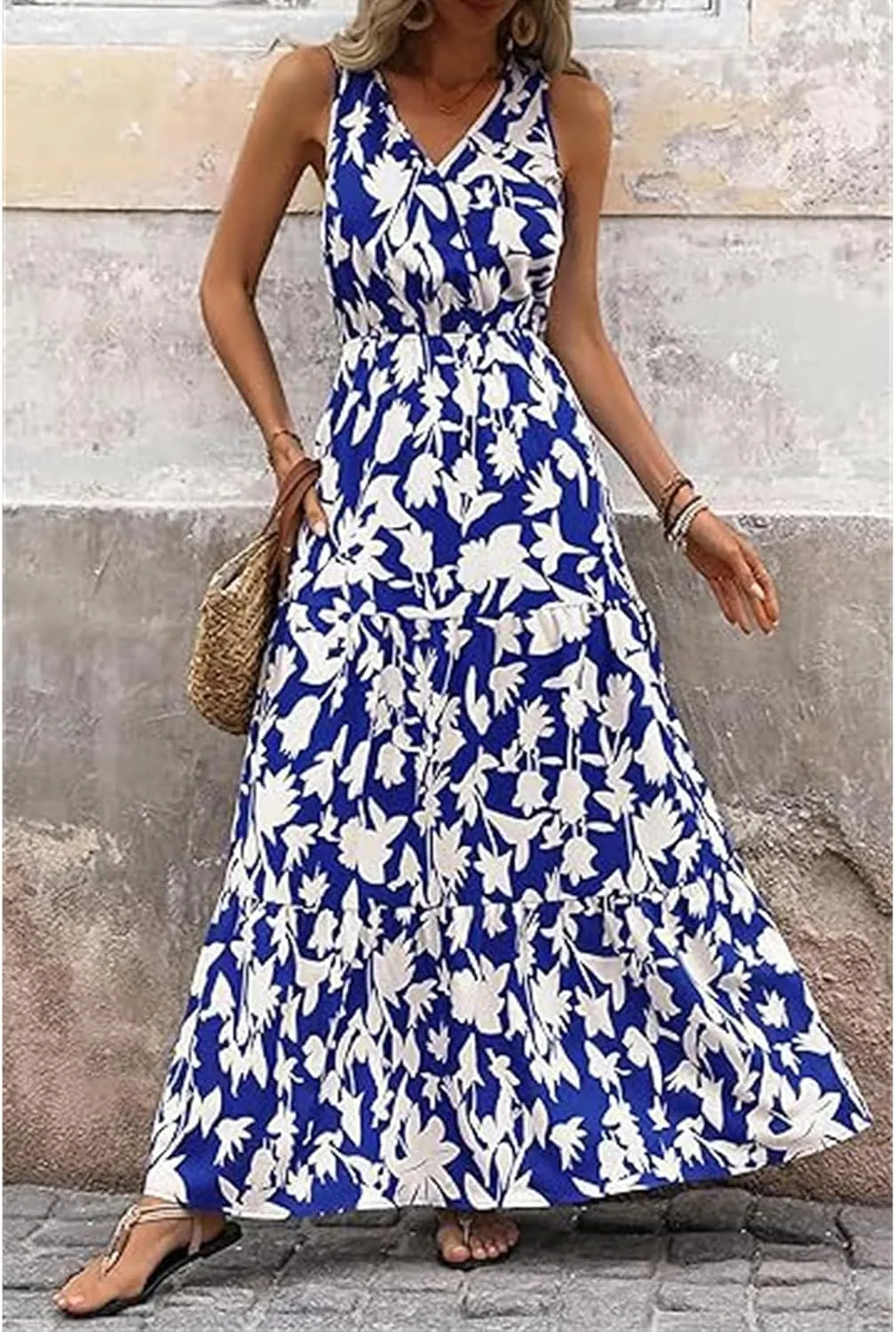 Wedding Guest Dress for Women Sleeveless V Neck Maxi Dress Elastic Waist Casual Floral Printed Summer Sundress 2025