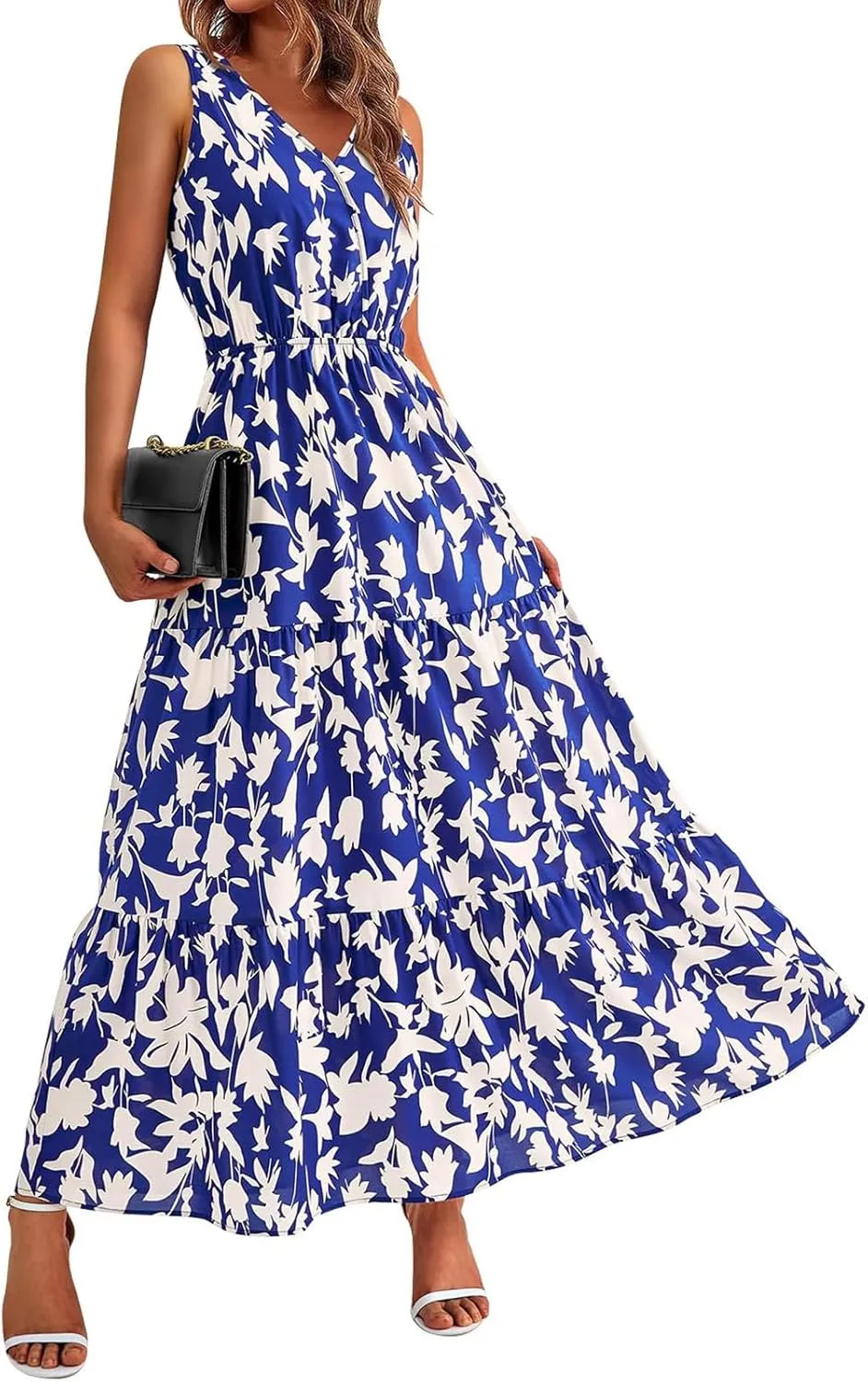 Wedding Guest Dress for Women Sleeveless V Neck Maxi Dress Elastic Waist Casual Floral Printed Summer Sundress 2025