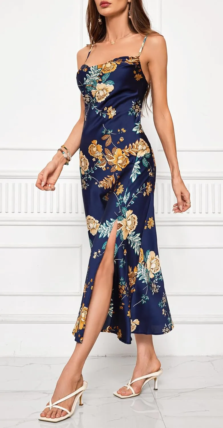 Wedding Guest Dress for Women Spaghetti Strap Satin Slip Cocktail Formal Midi Evening Party Dresses