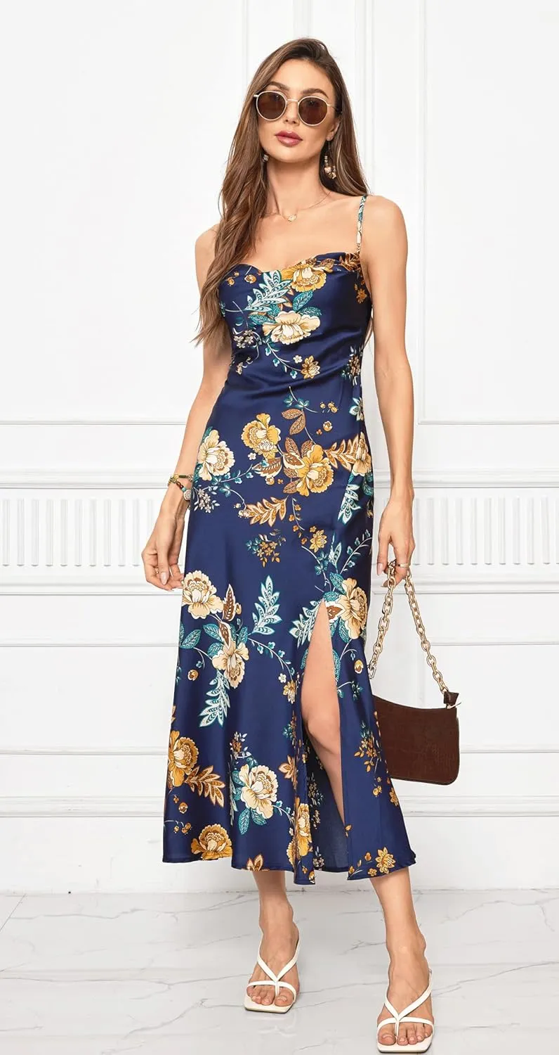 Wedding Guest Dress for Women Spaghetti Strap Satin Slip Cocktail Formal Midi Evening Party Dresses