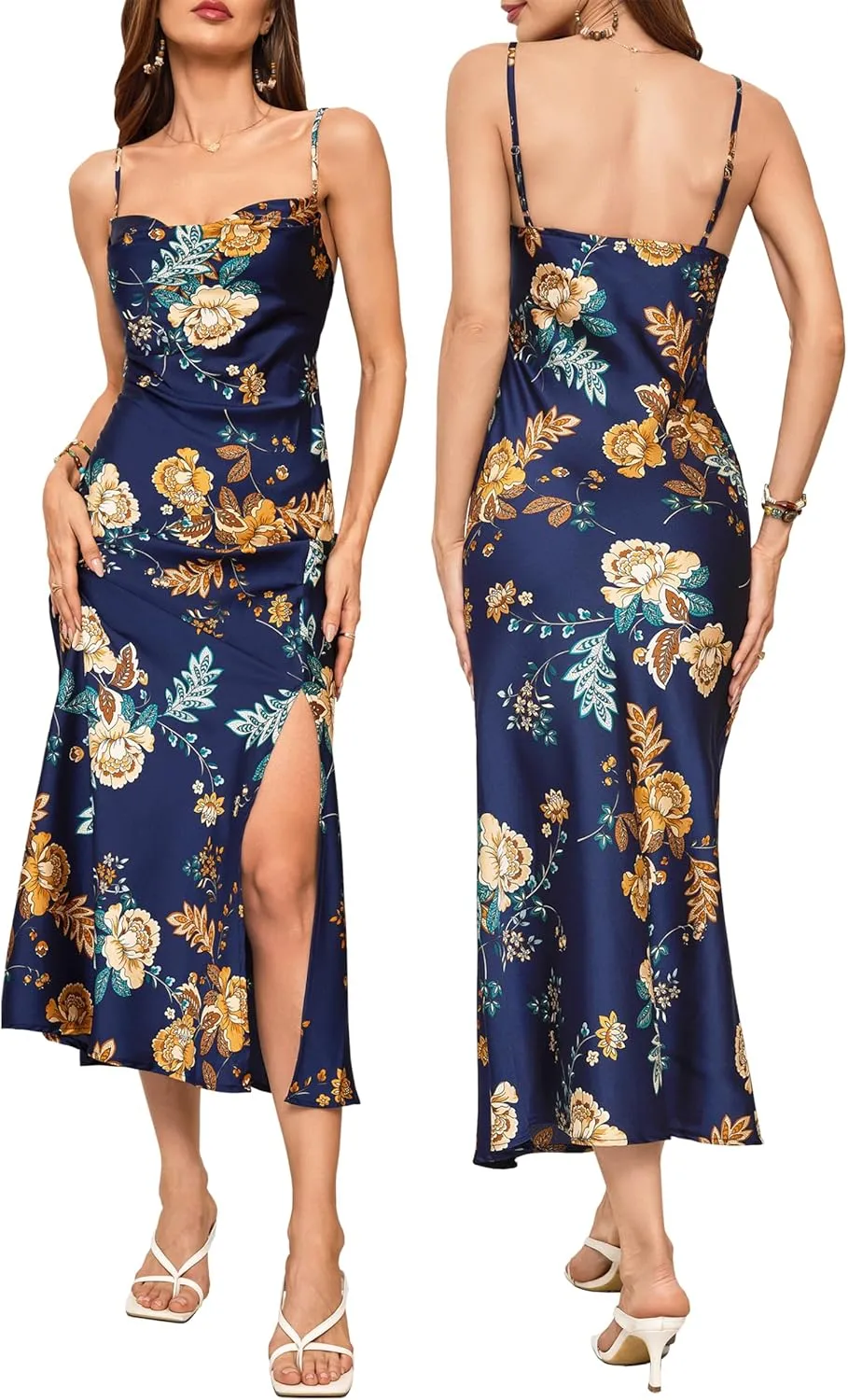 Wedding Guest Dress for Women Spaghetti Strap Satin Slip Cocktail Formal Midi Evening Party Dresses