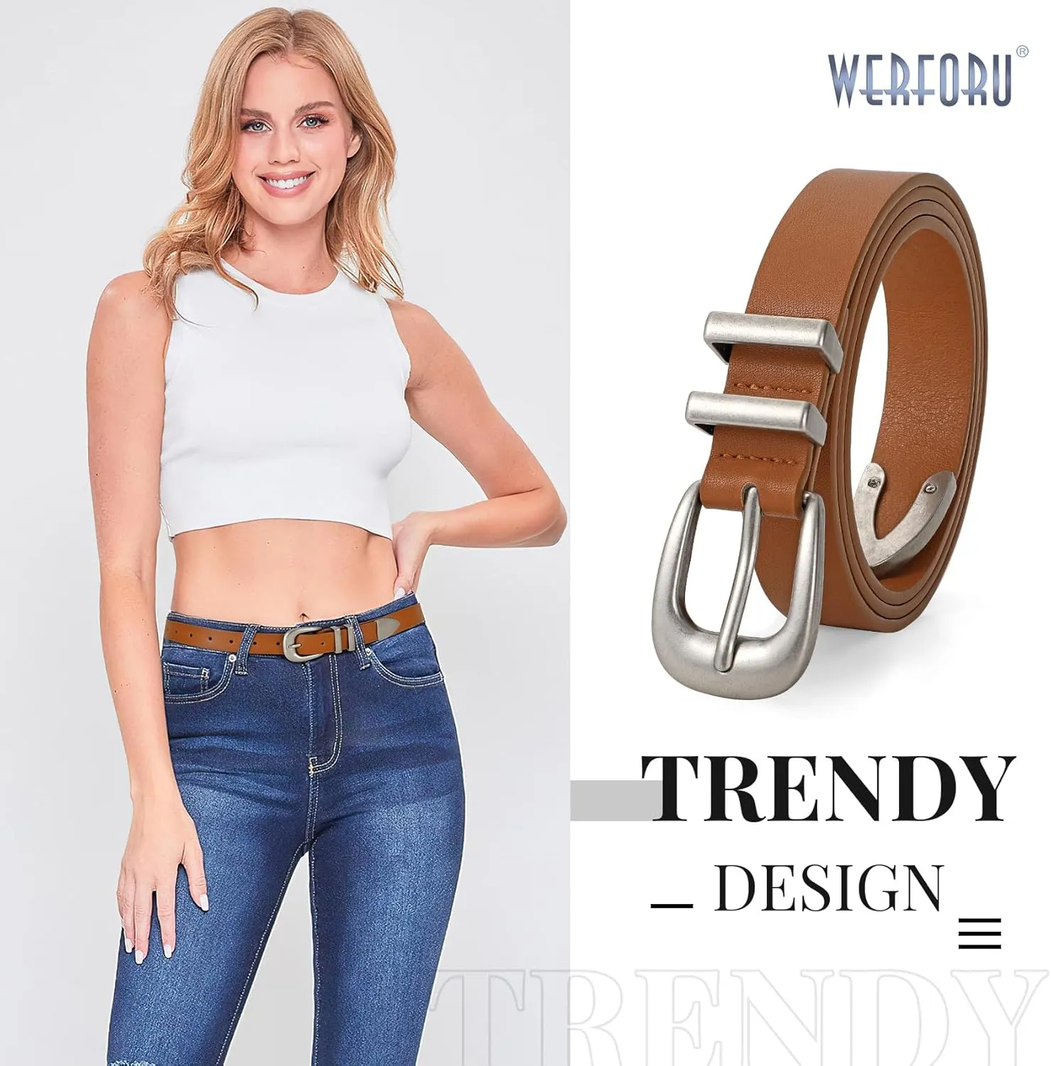 WERFORU Women Leather Belt Fashion Leather Waist Belt for Pants Jean Ladies Western Belt with Gold/Silver Buckle