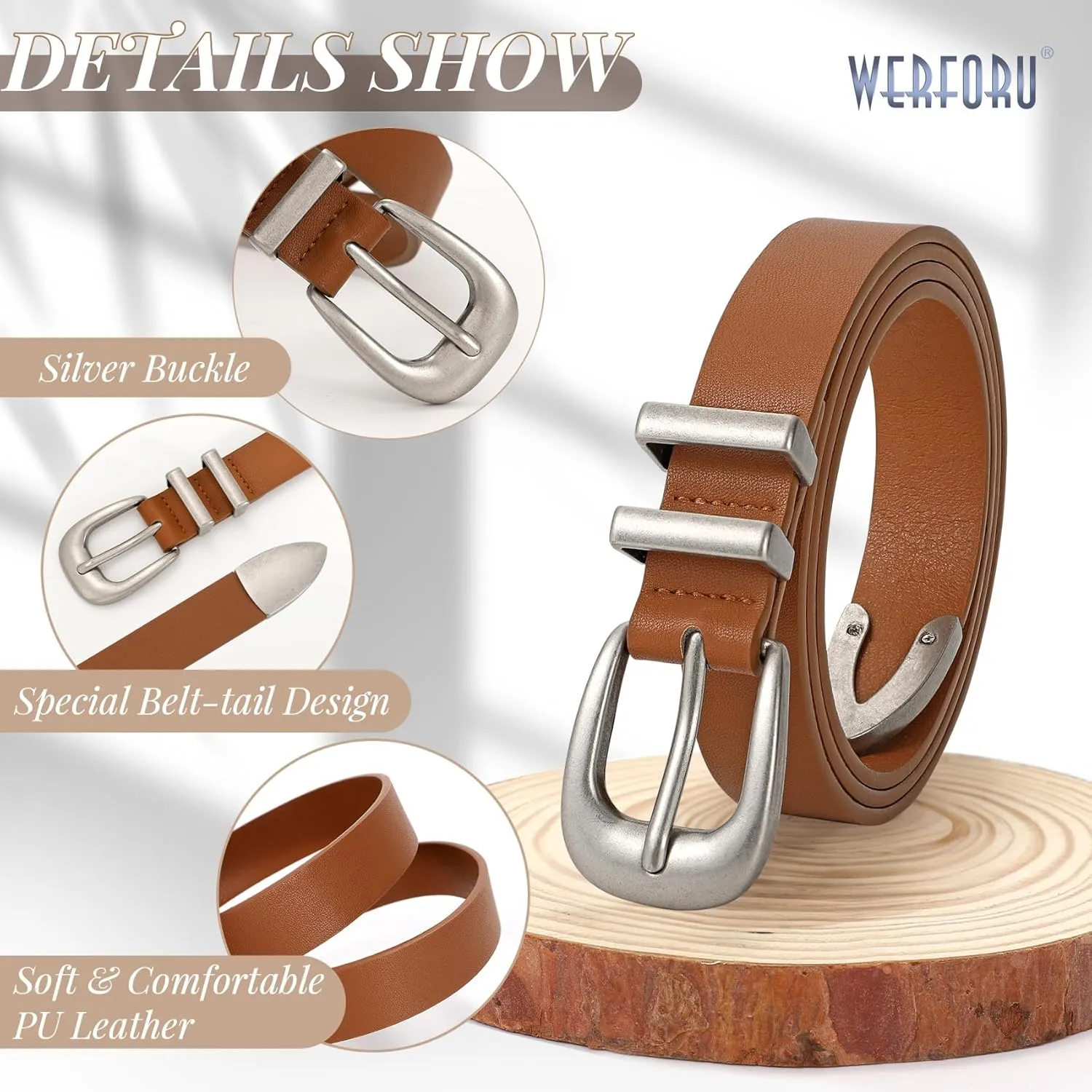 WERFORU Women Leather Belt Fashion Leather Waist Belt for Pants Jean Ladies Western Belt with Gold/Silver Buckle